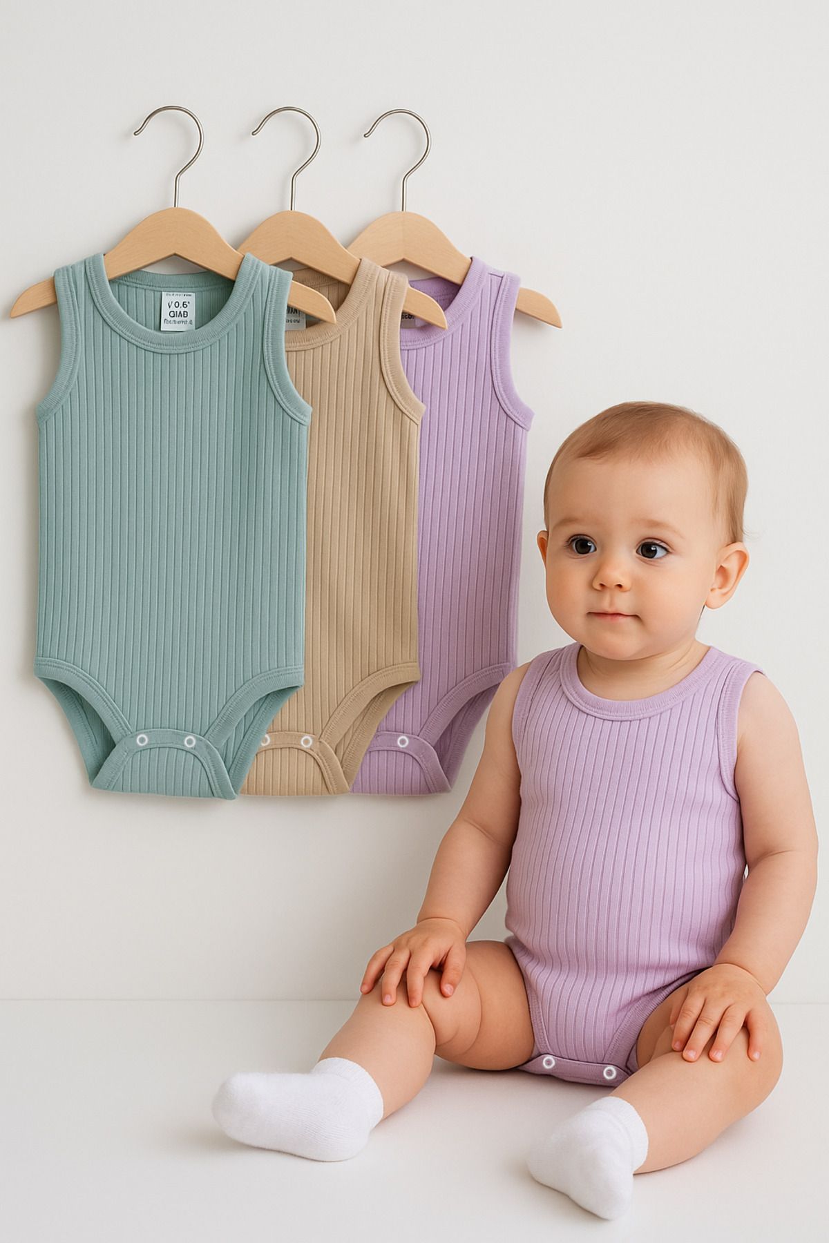 Trend Bebe Butik 3’lü Fitilli Yeşil-Bej-Lila Bebek Zıbın Seti Pamuklu Kolsuz Çıtçıtlı Yazlık Body Unisex Yazlık Badi