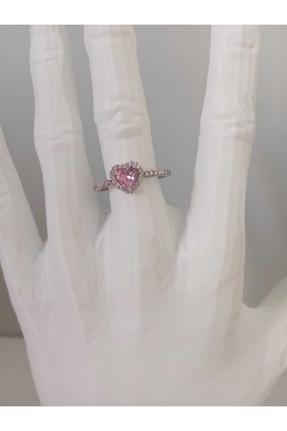 sessjewelry Silver Pembe Zirkon Taşlı Ayarlanabilir Kalp Yüzük