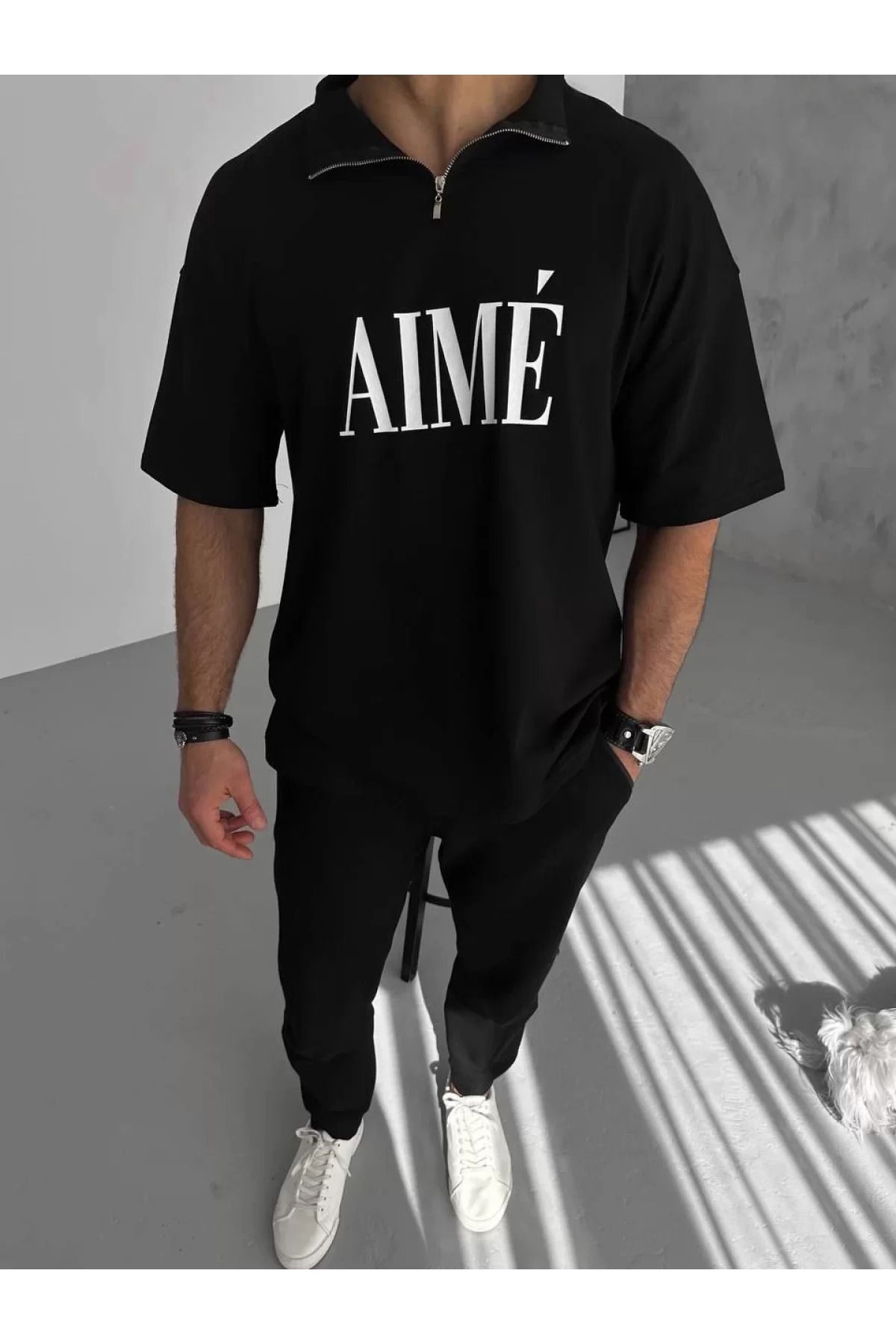 İndigo Park kaliteli erkek tişört Unisex Yarım Fermuarlı Baskılı T-Shirt - Siyah tişört modelleri erkek