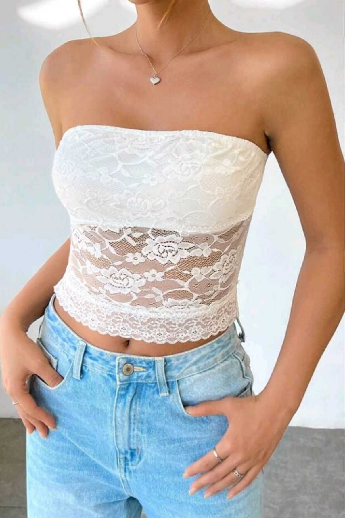 BENİMOLMALI Kadın Dantel Detay Crop Büstiyer Bluz Straplez