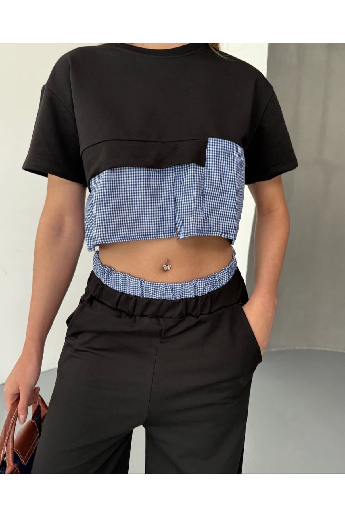 FORSTİME Gömlek Detaylı Crop Bluz ve Bol paça pantolonlu Takım