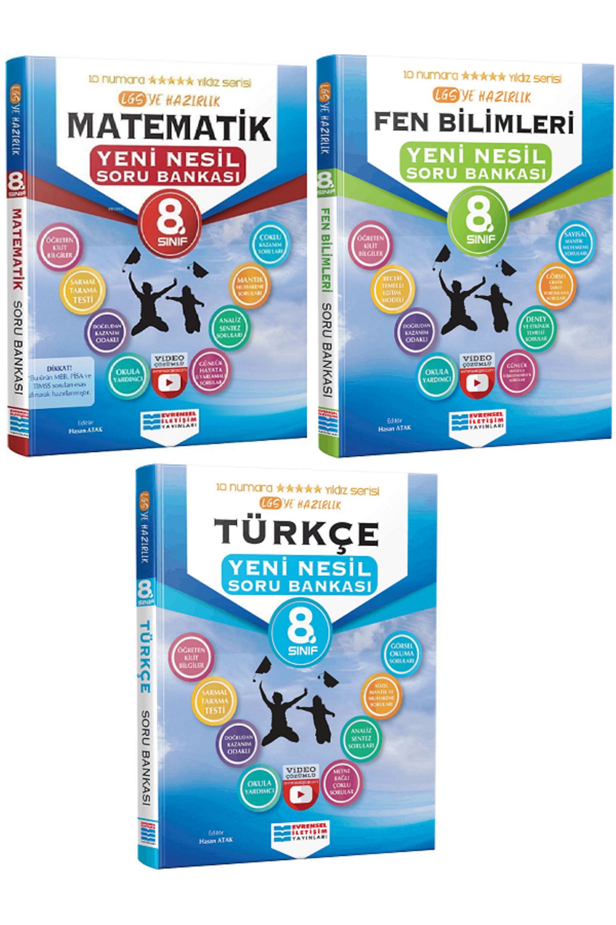 Evrensel İletişim Yayınları 8.Sınıf Evrensel İletişim Matematik + Fen + Türkçe Soru Bankaları / Öğreten Kilit Bilgiler 3 KİTAP