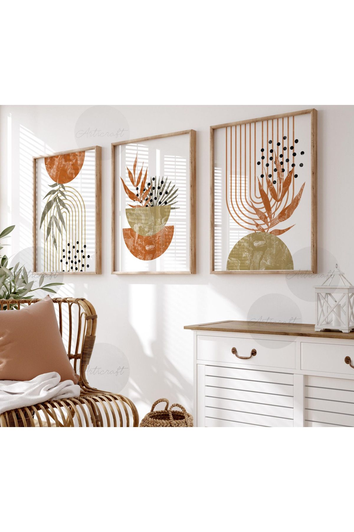 woodhomeworks Ahşap Çerçeveli 3lü Soyut Tablo