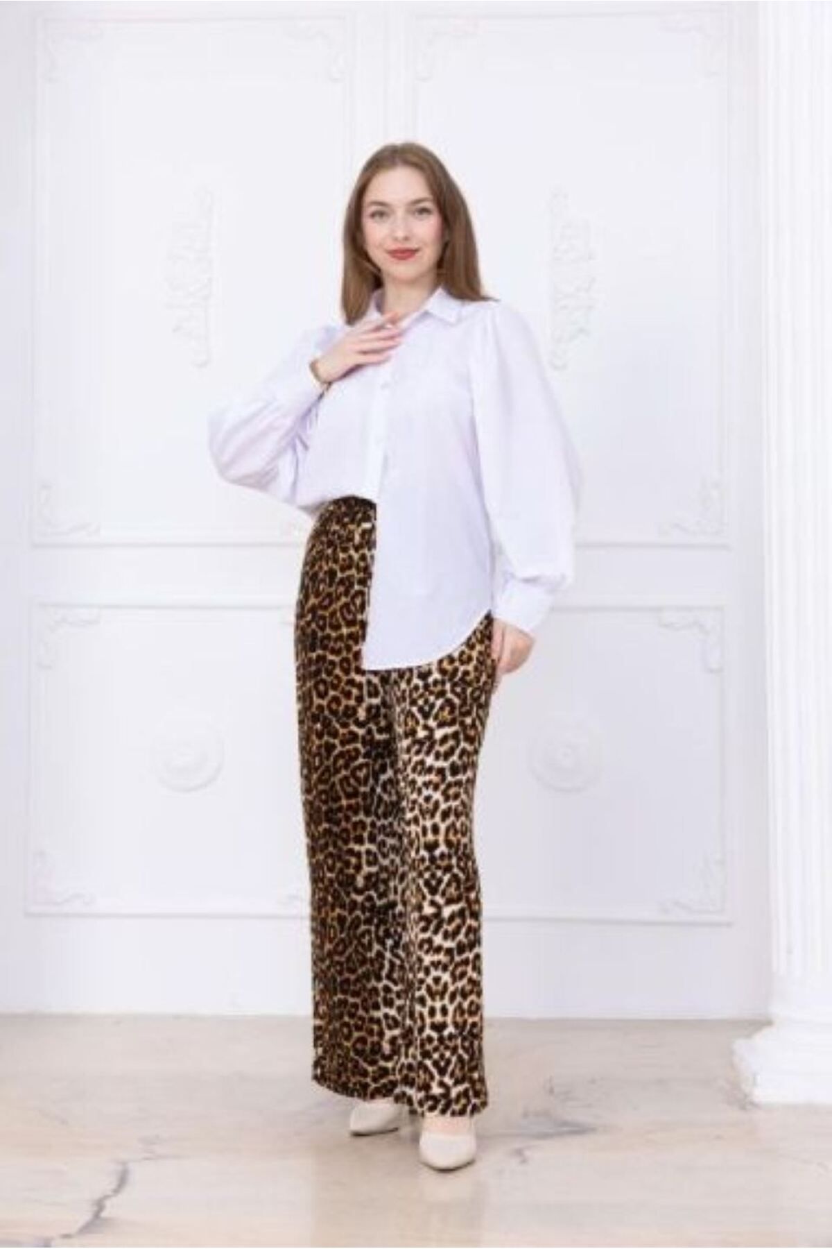 NILOO Kadın Leopar Desenli Günlük Rahat Beli Lastikli Pantolon