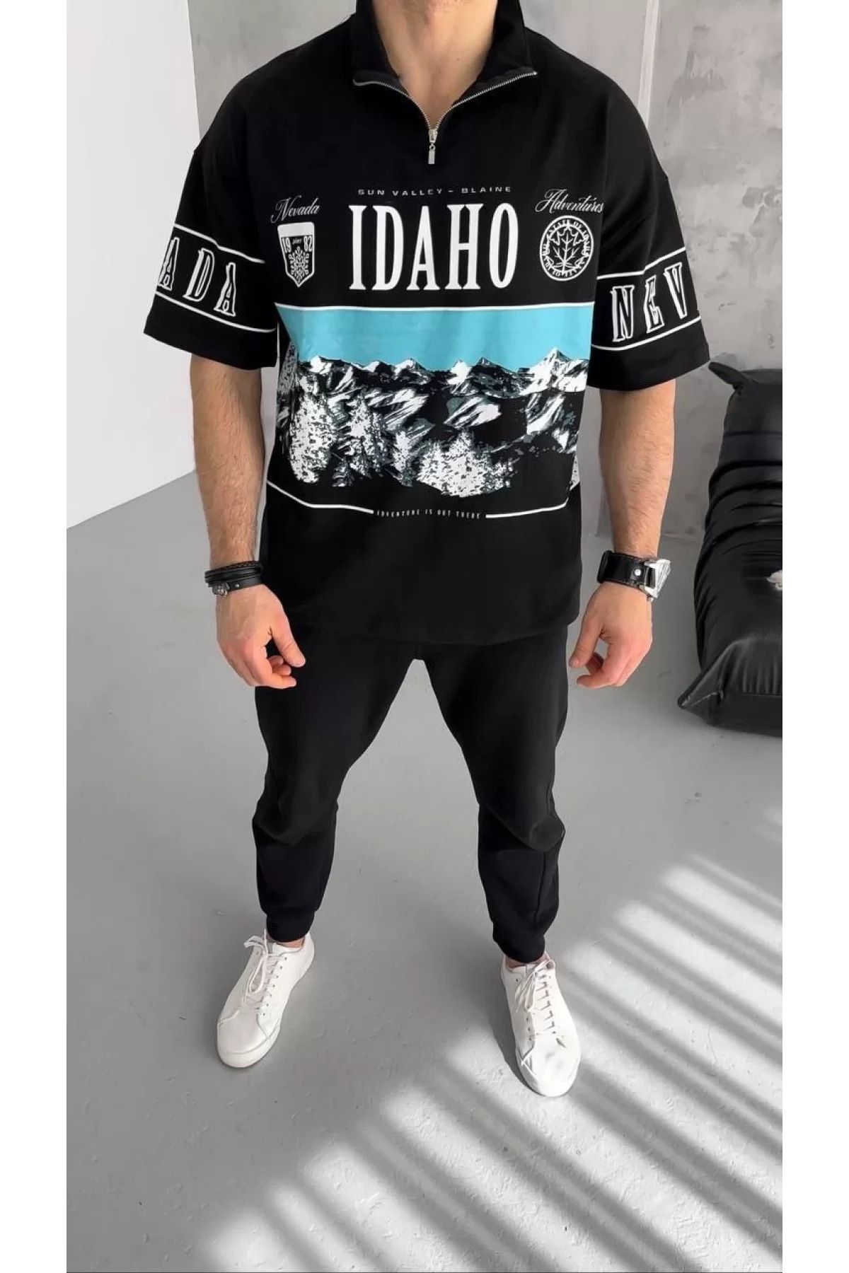 İndigo Park Unisex Baskılı Yarım Fermuarlı Tişört Modelleri Erkek T-Shirt - Siyah