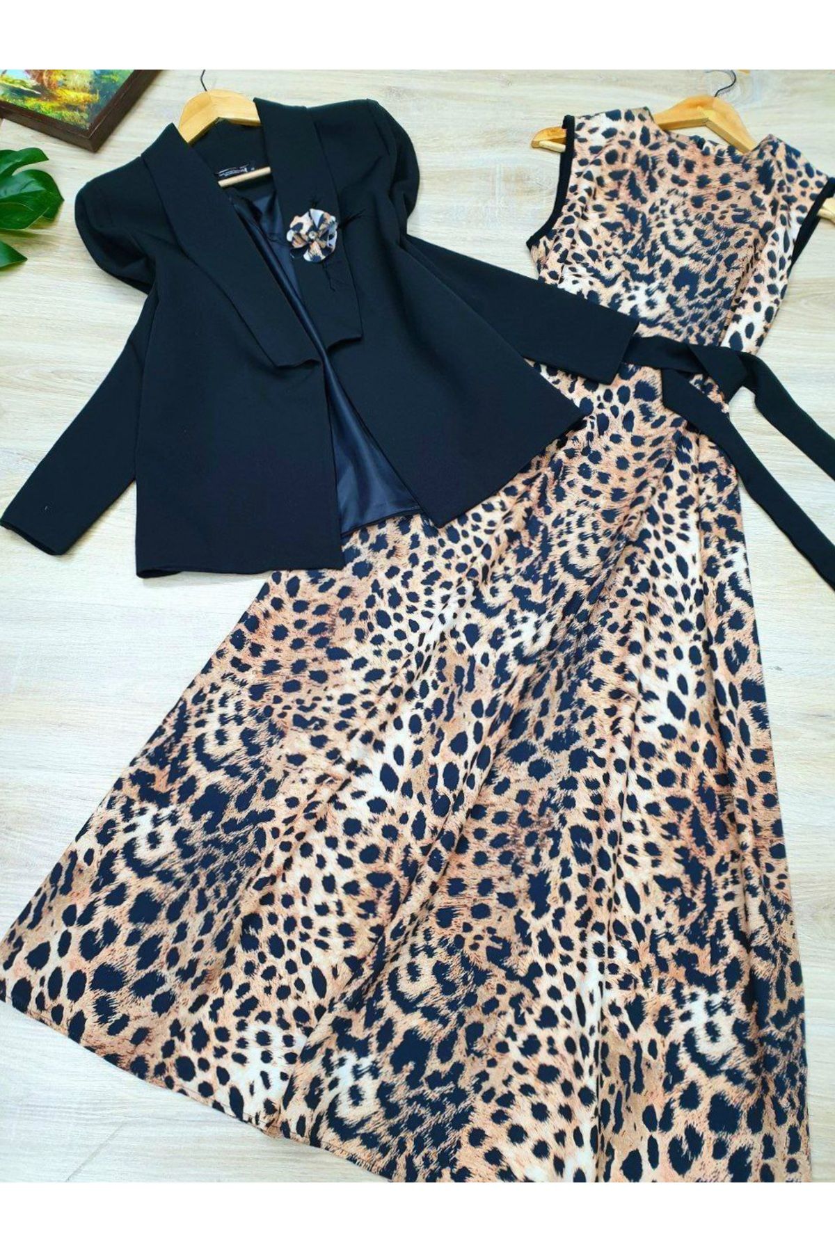 Yassmenta flowers Kadın astarlı blazer desenli kolsuz elbıse ikili takım buyuk beden tesettür takım