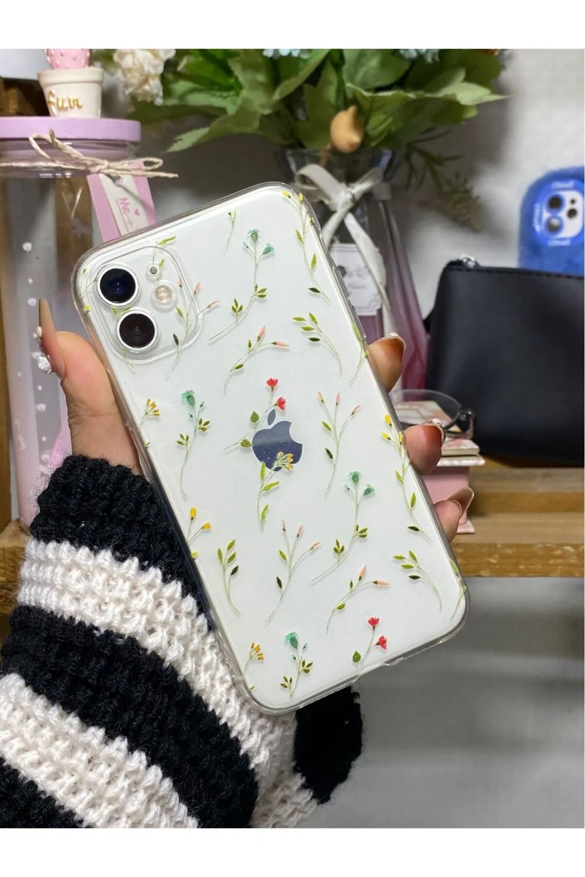 LUXKLAS iphone 11 çiçekler baskılı darbeye karşı dayanıklı şeffaf kılıf