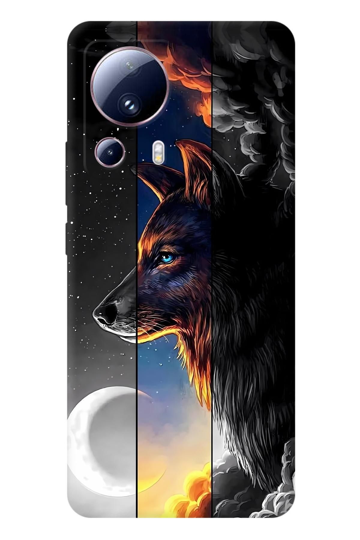 Lopard Xiaomi Mi 13 Lite Kenarları Şeffaf Kapak Covers 30 Kurt Duvar Kağıdı Siyah