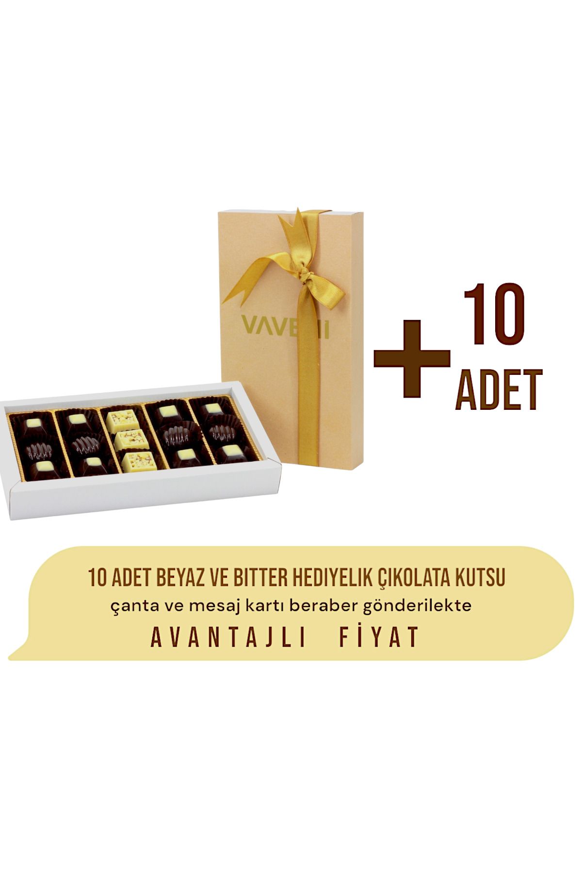 VAVENİ 10 Adet Beyaz Ve Bitter Hediyelik Çikolata Kutsu
