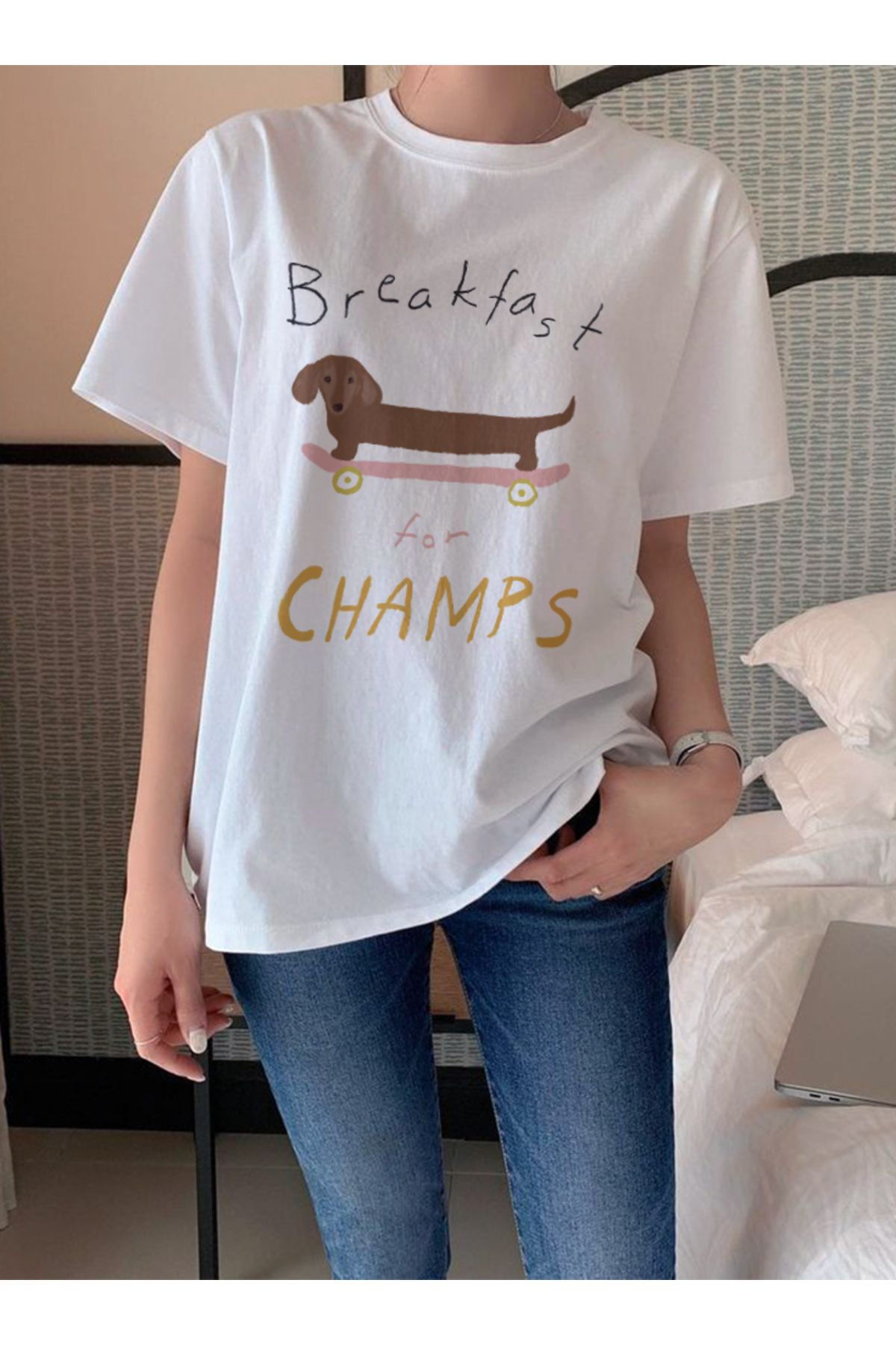 Disante Breakfast Champs Baskılı Bisiklet Yaka Basic Trend Kadın T-shirt