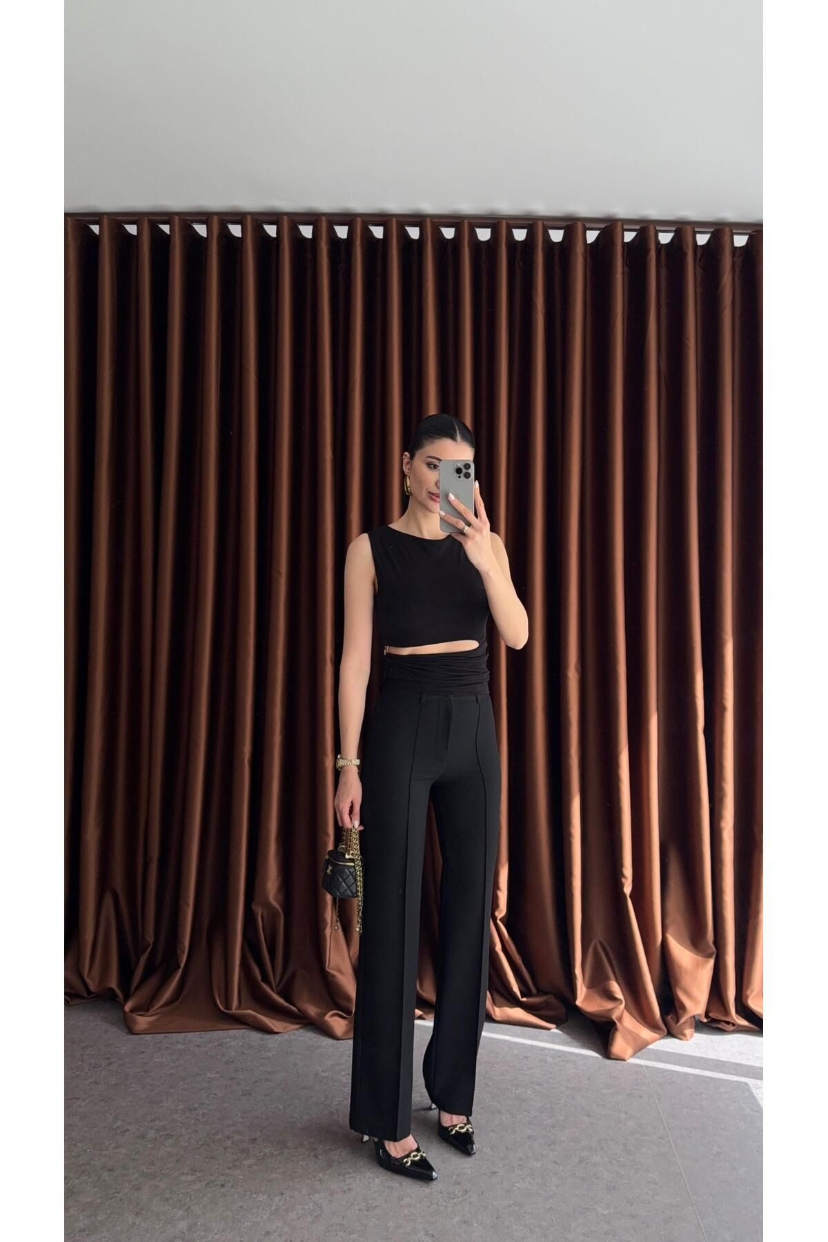 HAZELANNA Çımalı Siyah Pantolon