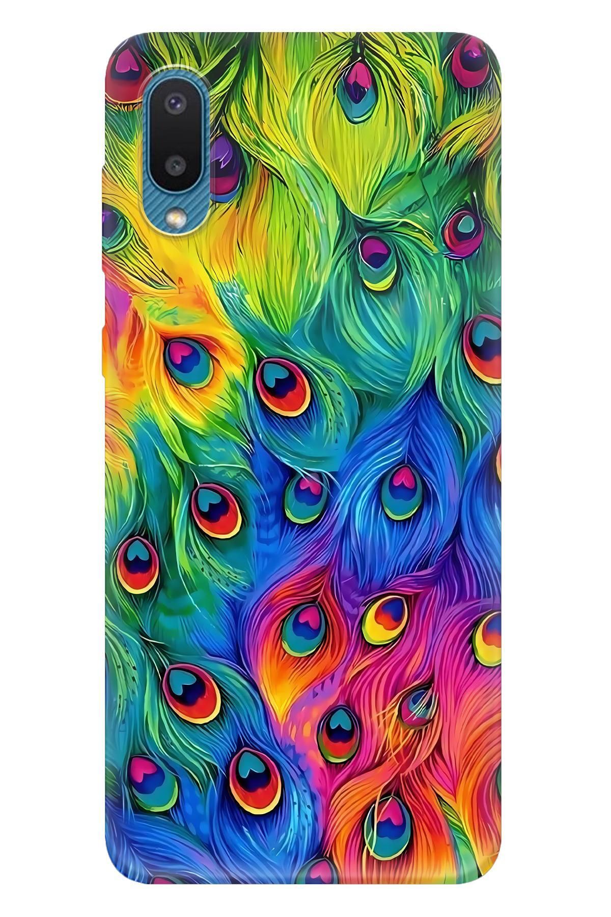 Lopard Samsung Galaxy A02 Parlak Kılıf Covers 48 Tavus Kuşu Fuşya Sarı