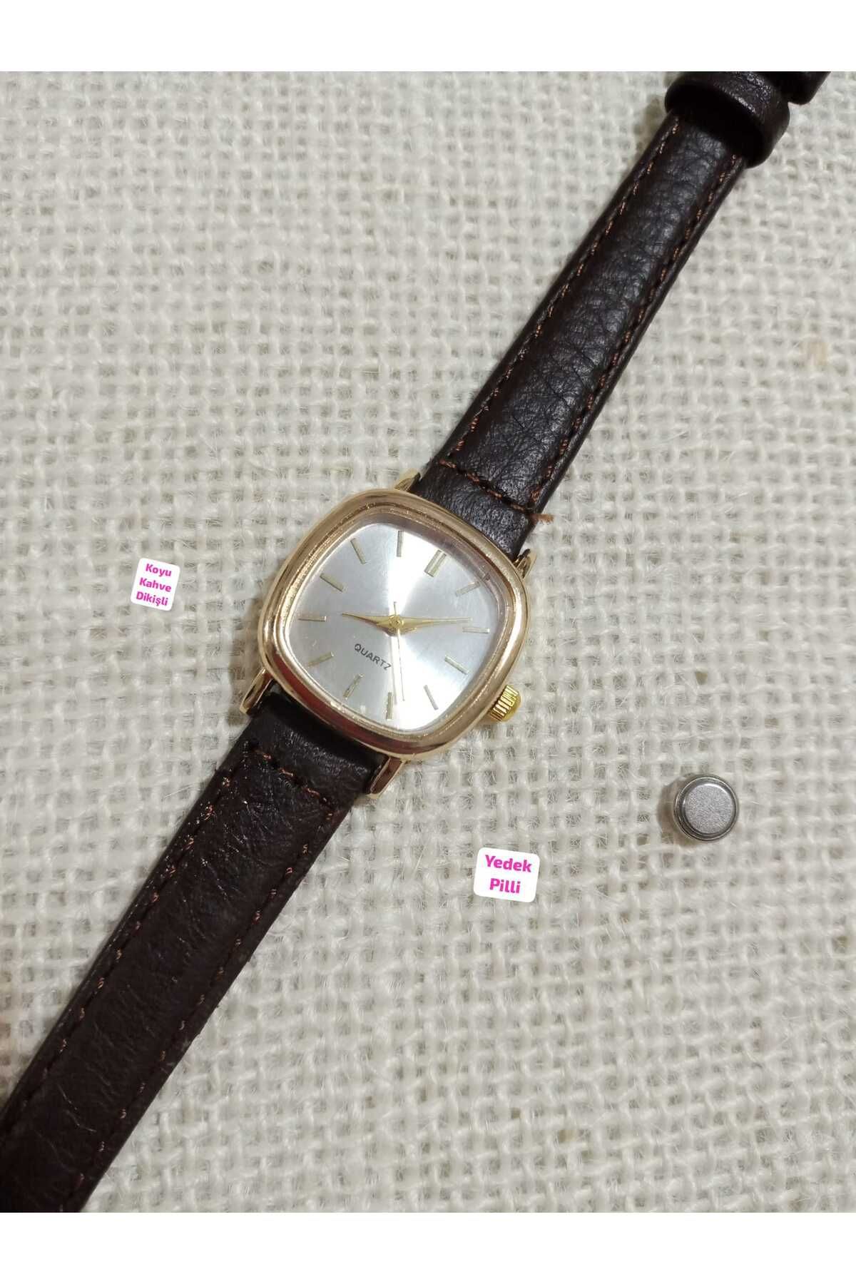 Brality Retro Model Vintage Minimal Oval GOLD Kasa KOYU KAHVE Kordonlu Kadın Kol Saati YEDEK PİLLİ 0021