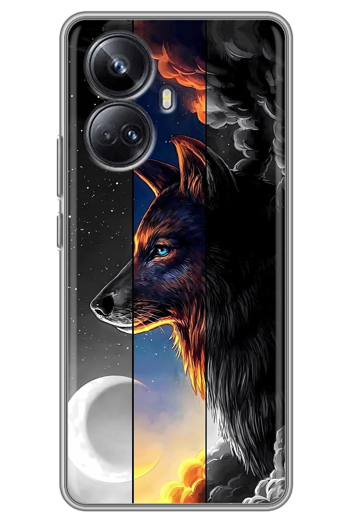 Lopard Realme 10 Pro Plus Kenarları Şeffaf Kapak Covers 30 Kurt Duvar Kağıdı Siyah