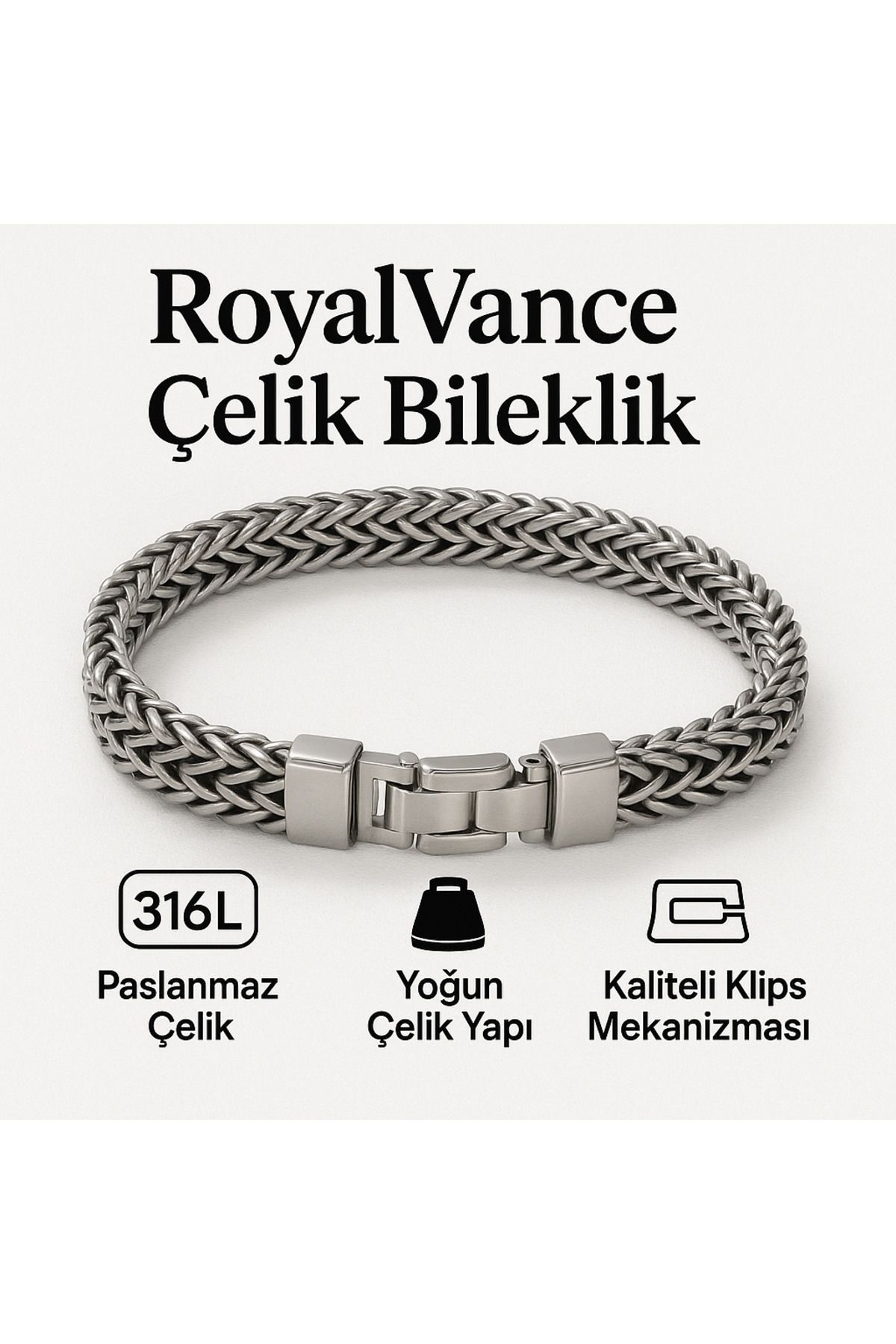 RoyalVance 316L Paslanmaz Çelik Erkek Bileklik – Örgü Zincir, Kaliteli Klipsli, Ağır Tasarım