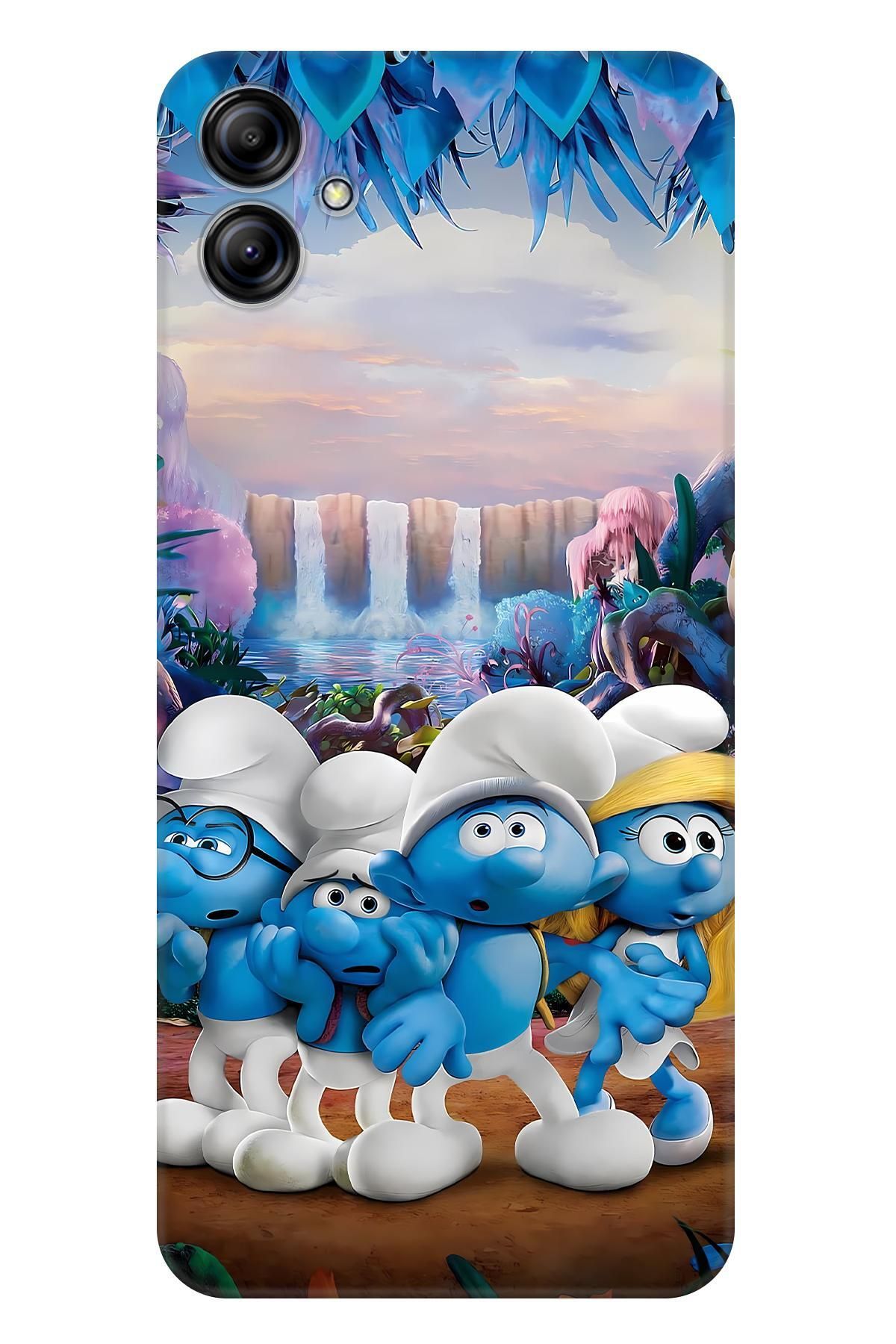 Lopard Samsung Galaxy A04E Darbe Emici Kılıf Covers 24 Şirinler Köyü Smerfy Mavi Beyaz