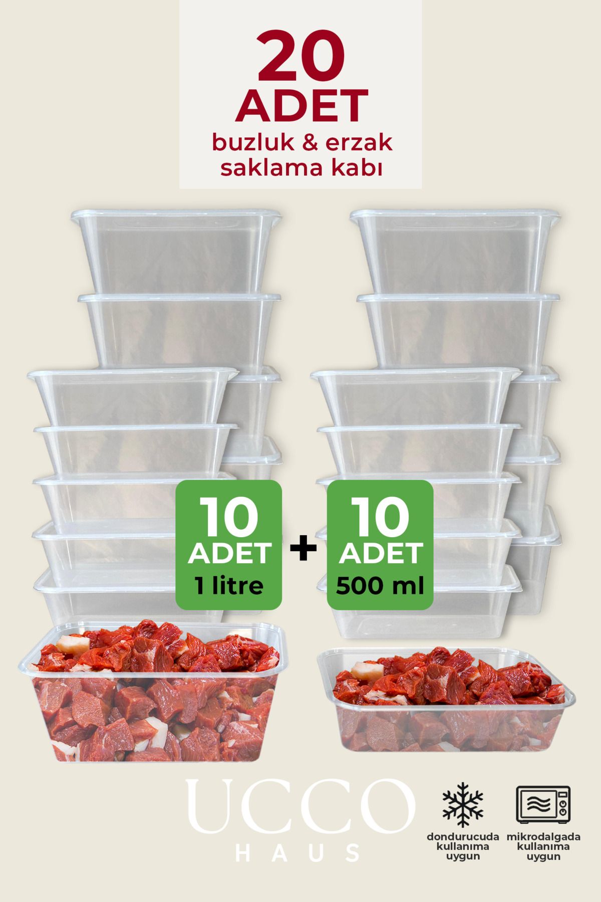 UCCO 20’li Saklama Kabı Seti Ekonomik – 10x500 ml + 10x1000 ml Mikrodalga Buzluk Dondurucu Kapaklı Erzak