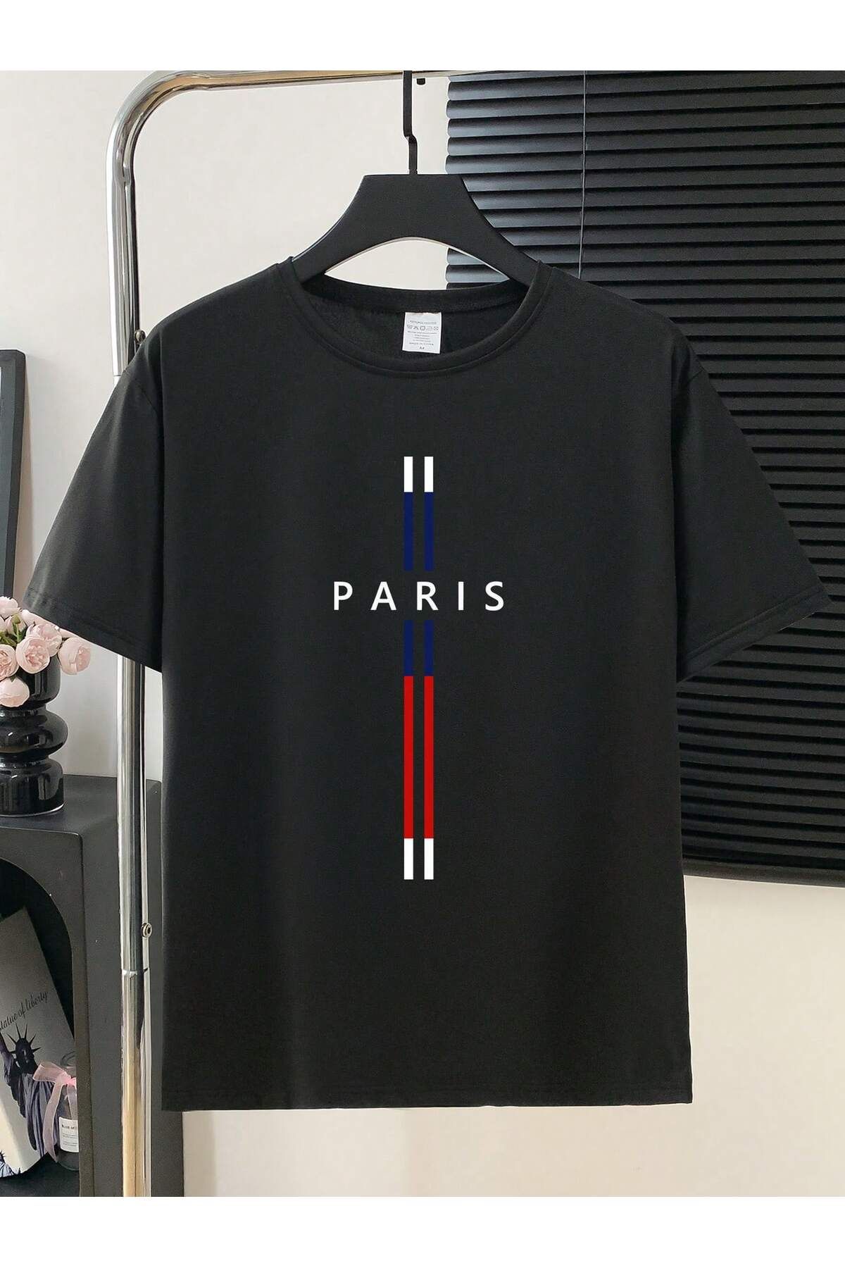 EVIus Oversize Dikey Paris Baskılı Bisiklet Yaka T-Shirt