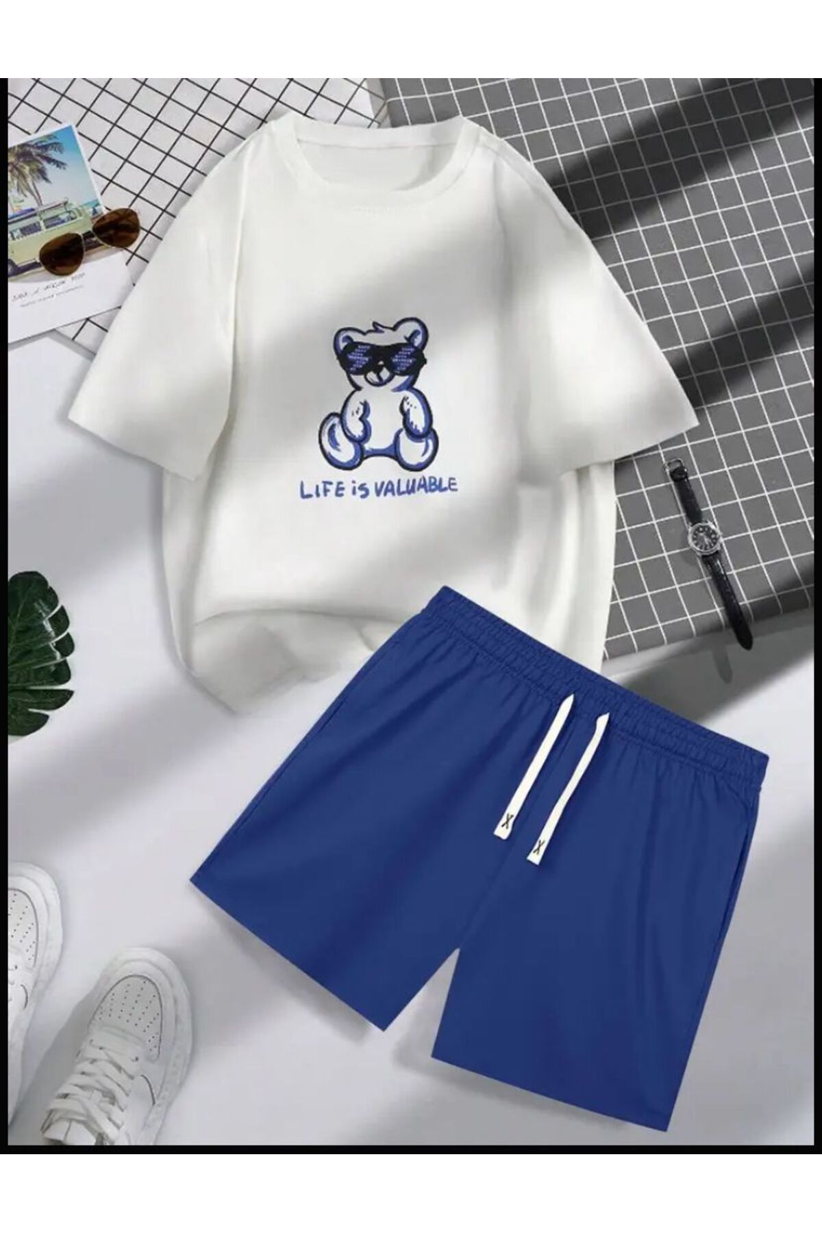 SELENA BUTİK Unisex Life Beyaz Tshırt Mavi Şort Alt Üst Takım