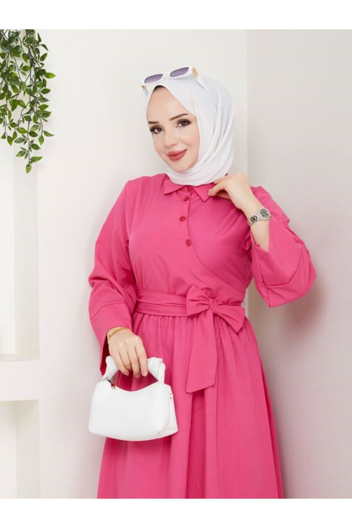 Aşkın fashion fiyonk detaylı asimetrik uzun tesettür elbise
