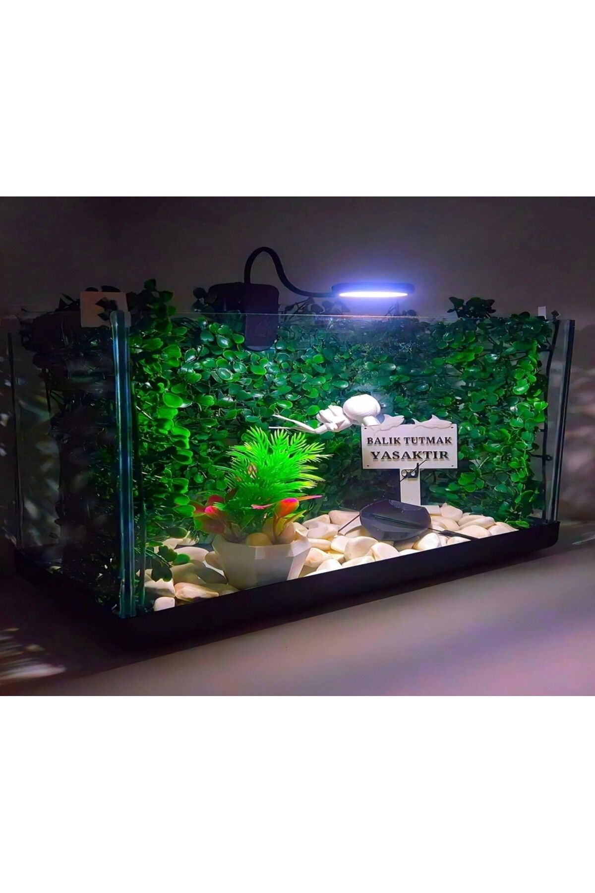 yeni Cam Işıklı Akvaryum Fanus Ledli Aksesuarlı 50x30x20 Cm ( 10 Parça Hava Motoru ve İç Filtre Dahil )