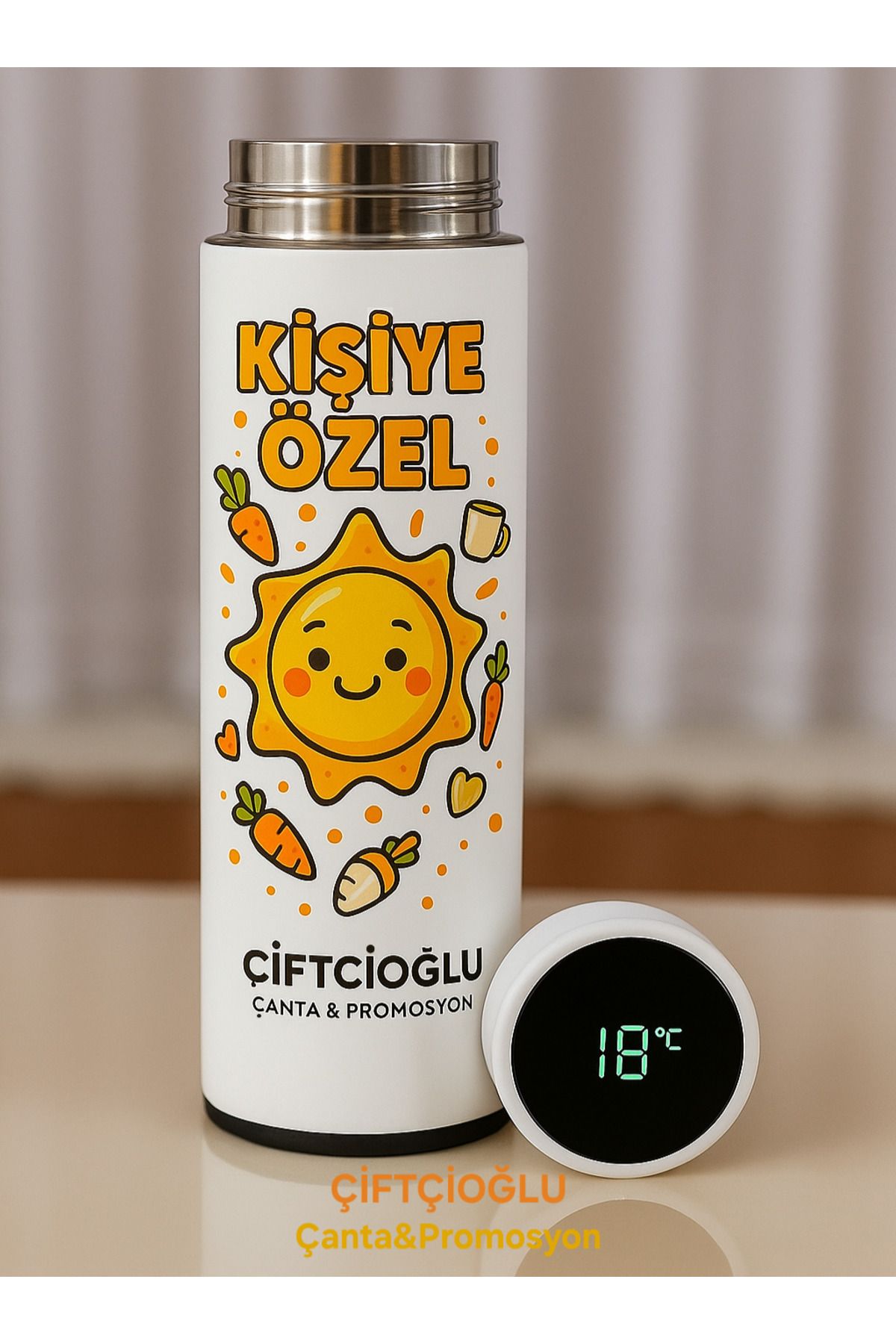 çiftçioğlu Kişiye Özel Baskılı Hediyelik Derece Göstergeli Dijital Beyaz Termos-Size Özel