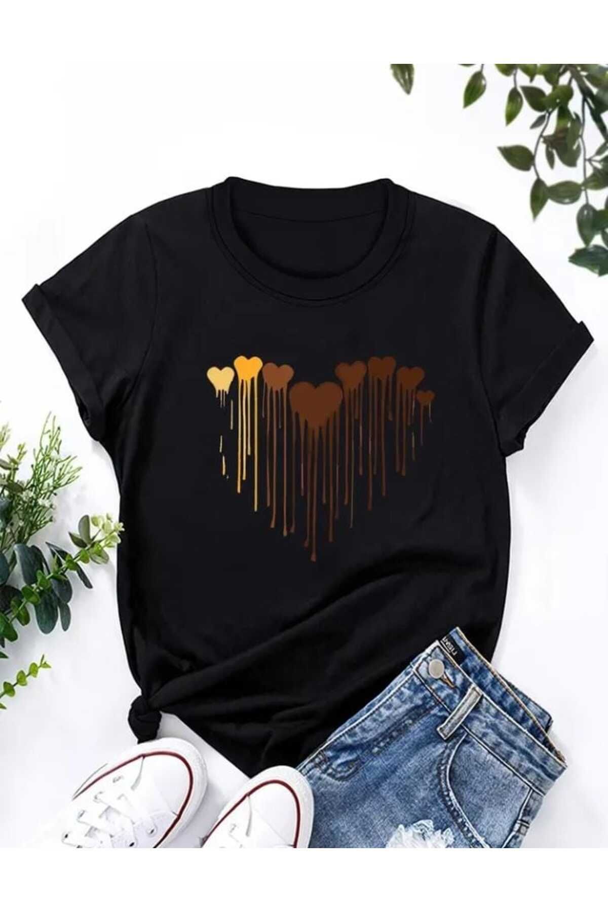 TekTarzz Unisex Renkli Kalp Baskı Tasarımlı Trend Tshirt