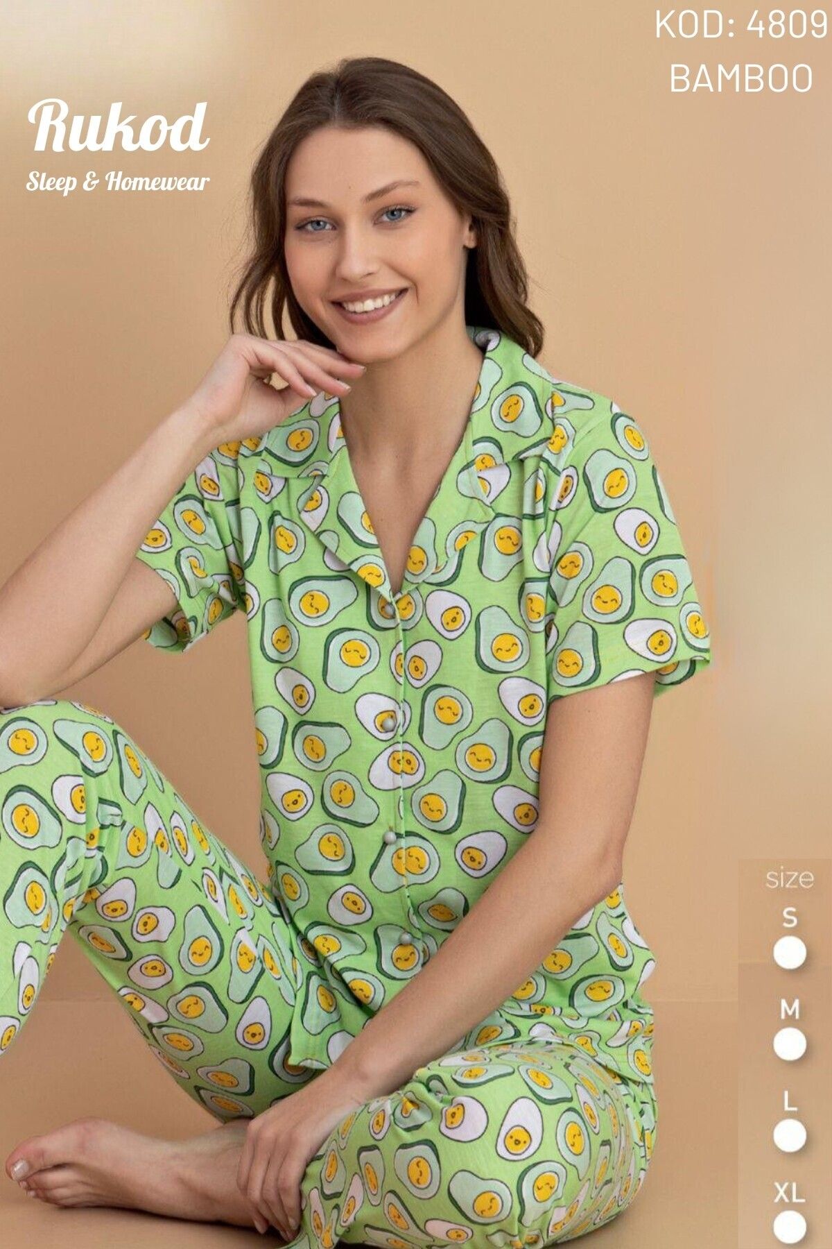 RUKOD Kadın Bambu Likralı Yeşil Avokado Desenli Kısa Kollu Uzun Altlı Pamuklu Yazlık Pijama Takımı