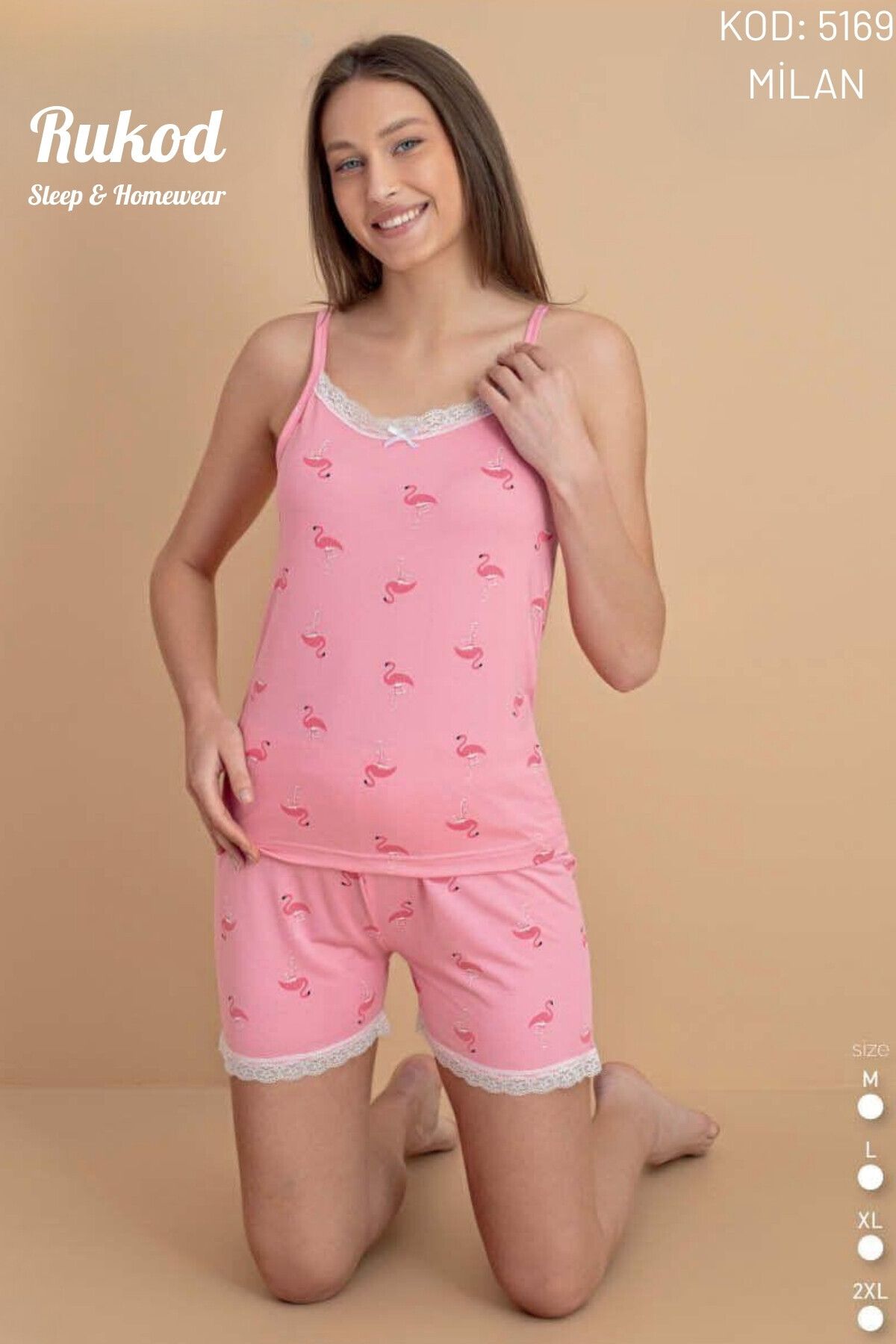 RUKOD Kadın Milan Likralı Pembe Flamingo Desenli İp Askılı Şortlu Pembe Pamuklu Yazlık Pijama Takımı