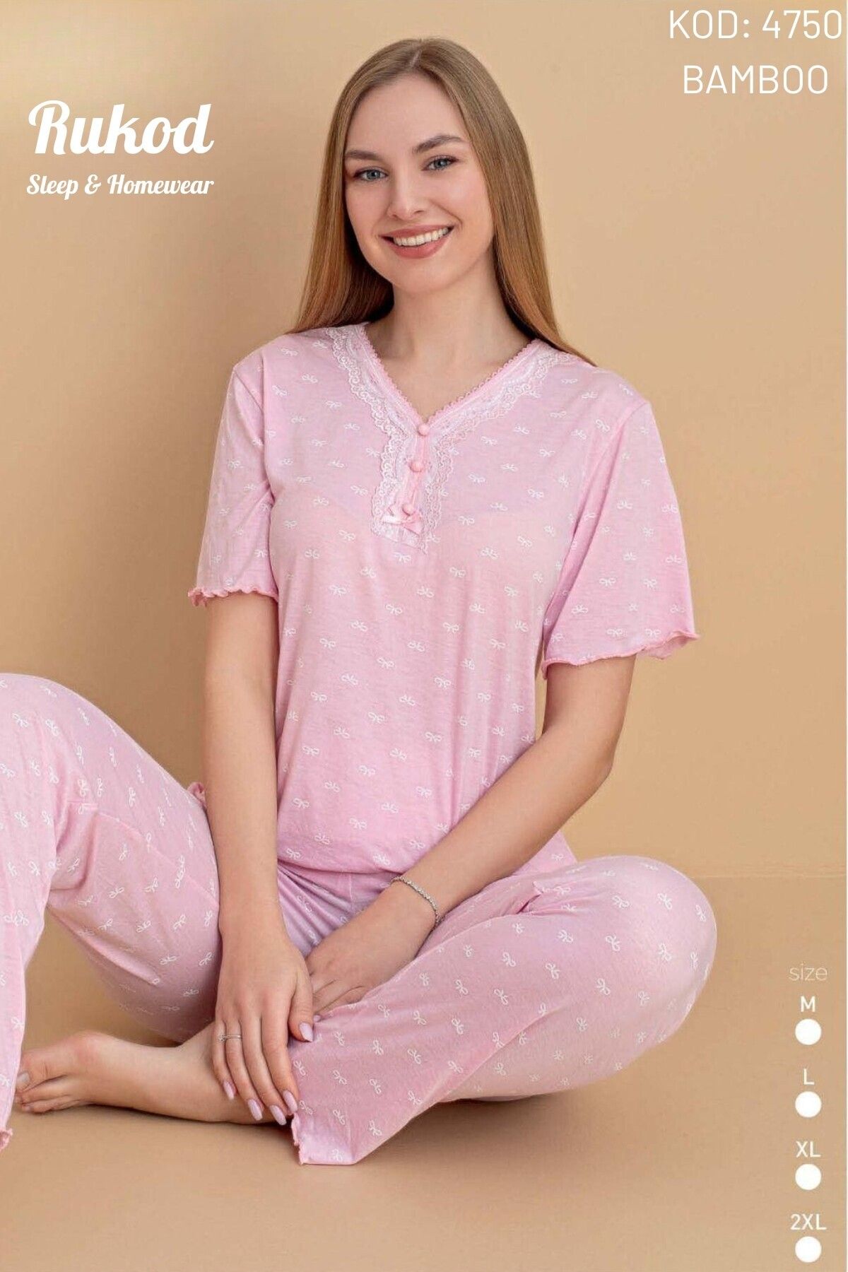 RUKOD Kadın Likralı Fiyonk Desenli Kısa Kollu Uzun Altlı Pamuklu Pembe Yazlık Pijama Takımı