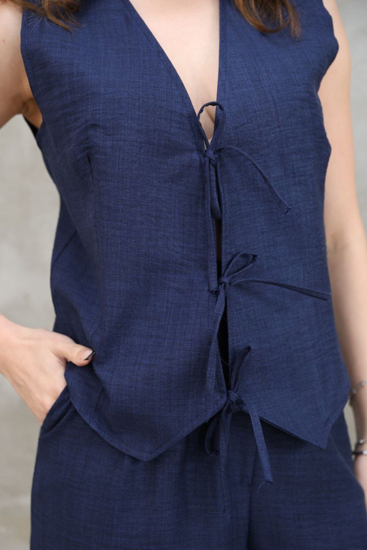 FIABAFASHİON fiabafashion ipli bağlamalı yelek pantolon takım