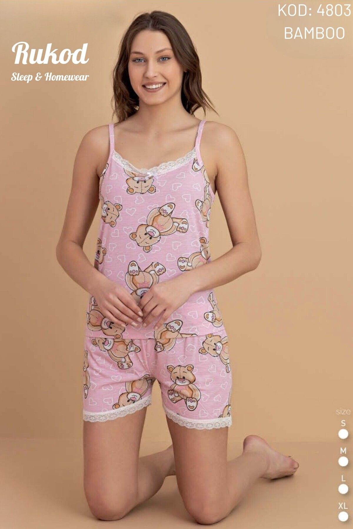 RUKOD Kadın Bambu Likralı Ayıcık Desenli İp Askılı Şortlu Pembe Pamuklu Yazlık Pijama Takımı