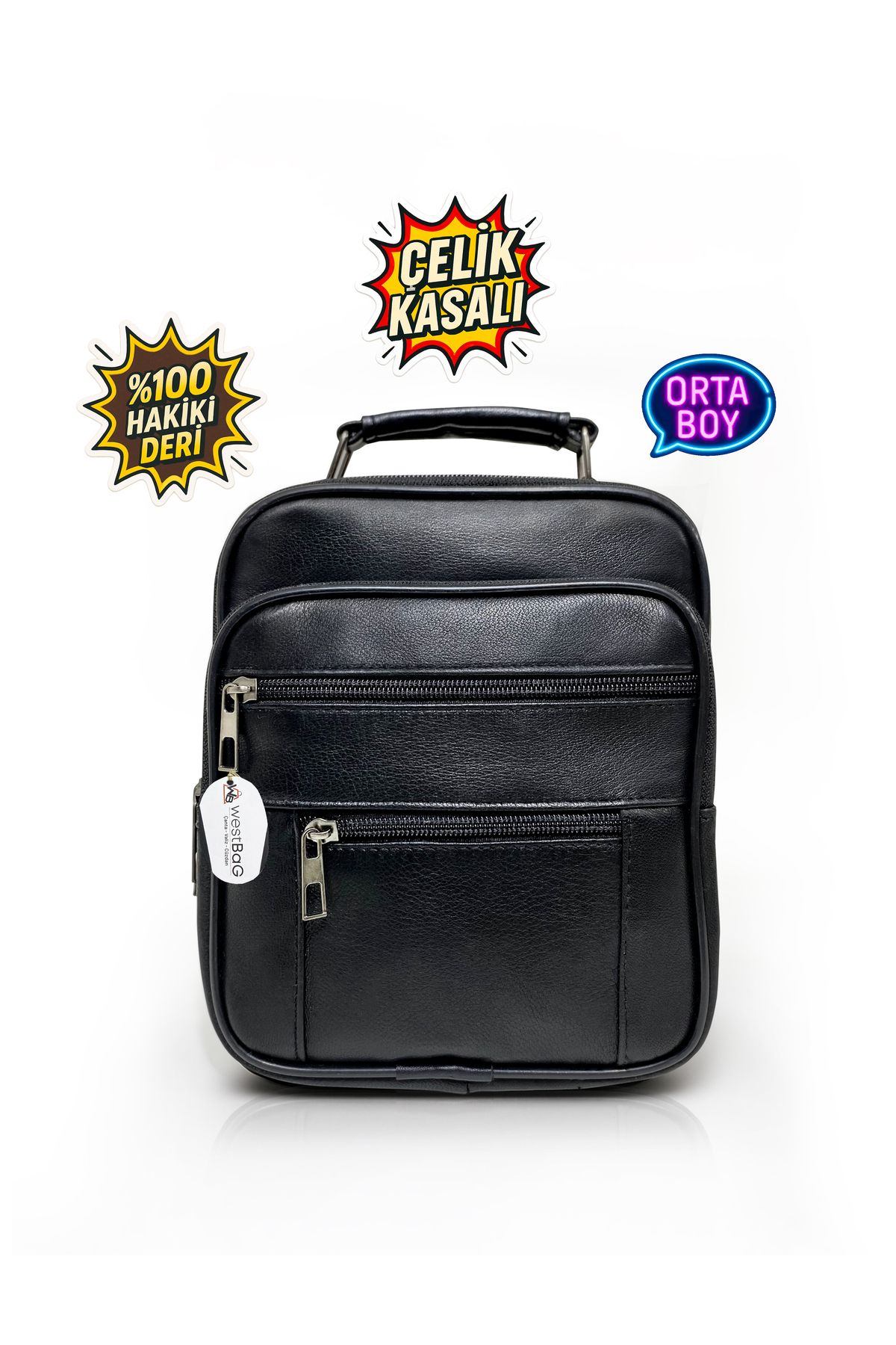 westbag Erkek Siyah Çelik Kasalı Hakiki Deri El Ve Omuz Çantası Ayarlanabilir Askılı Orta Boy