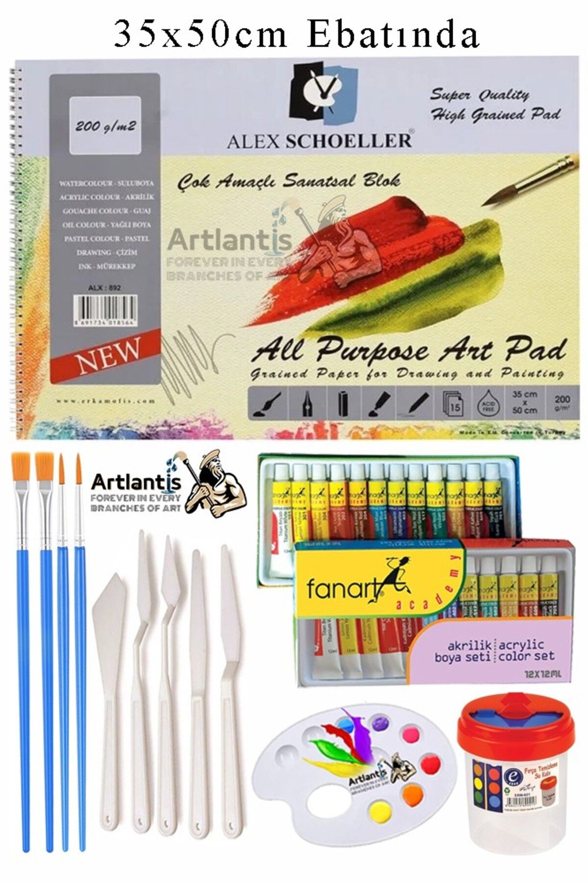 Artlantis Alex Schoeller Çok Amaçlı Sanatsal Blok 35x50 200 gr 15 Yaprak Fanart 12 Renk 12 ml Akrilik Boya Pla