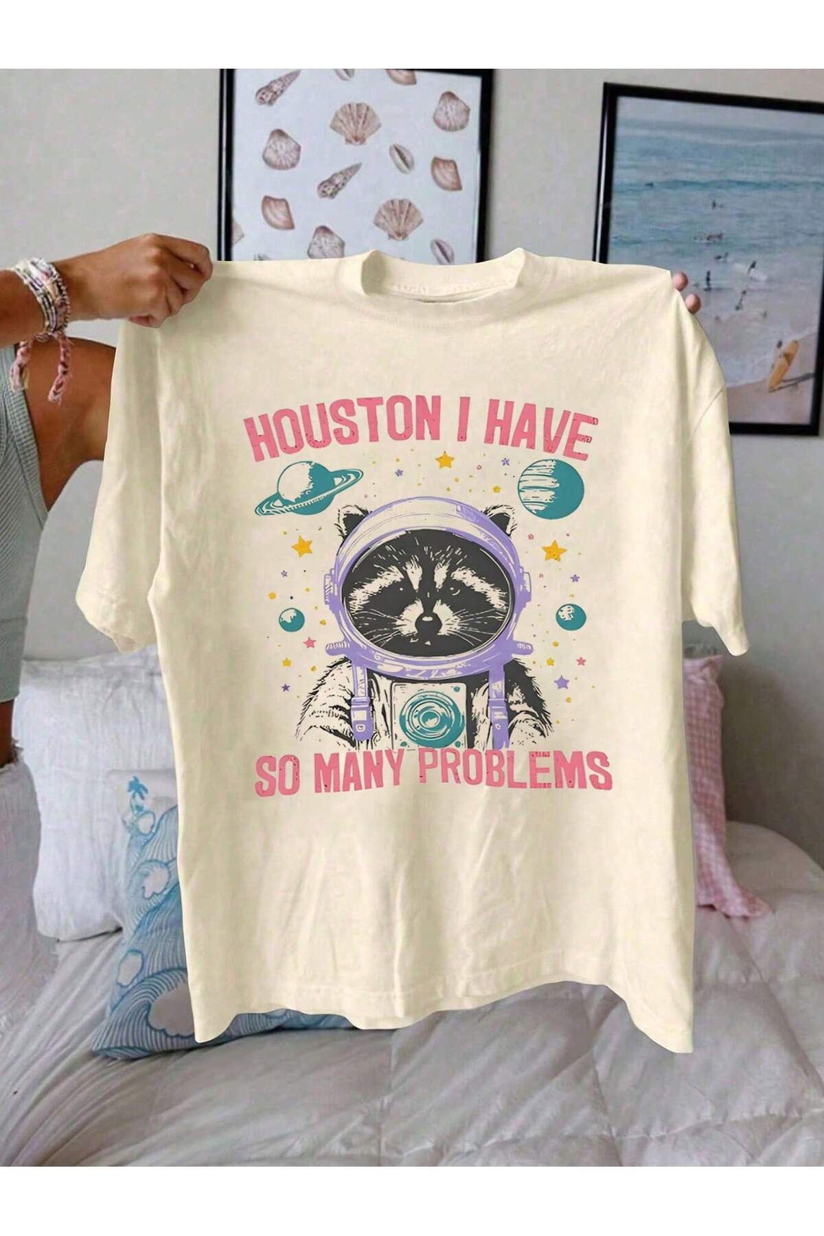 EVIus Oversize Houston I Have So Many Problems Rakun Baskılı Bisiklet Yaka T-Shirt