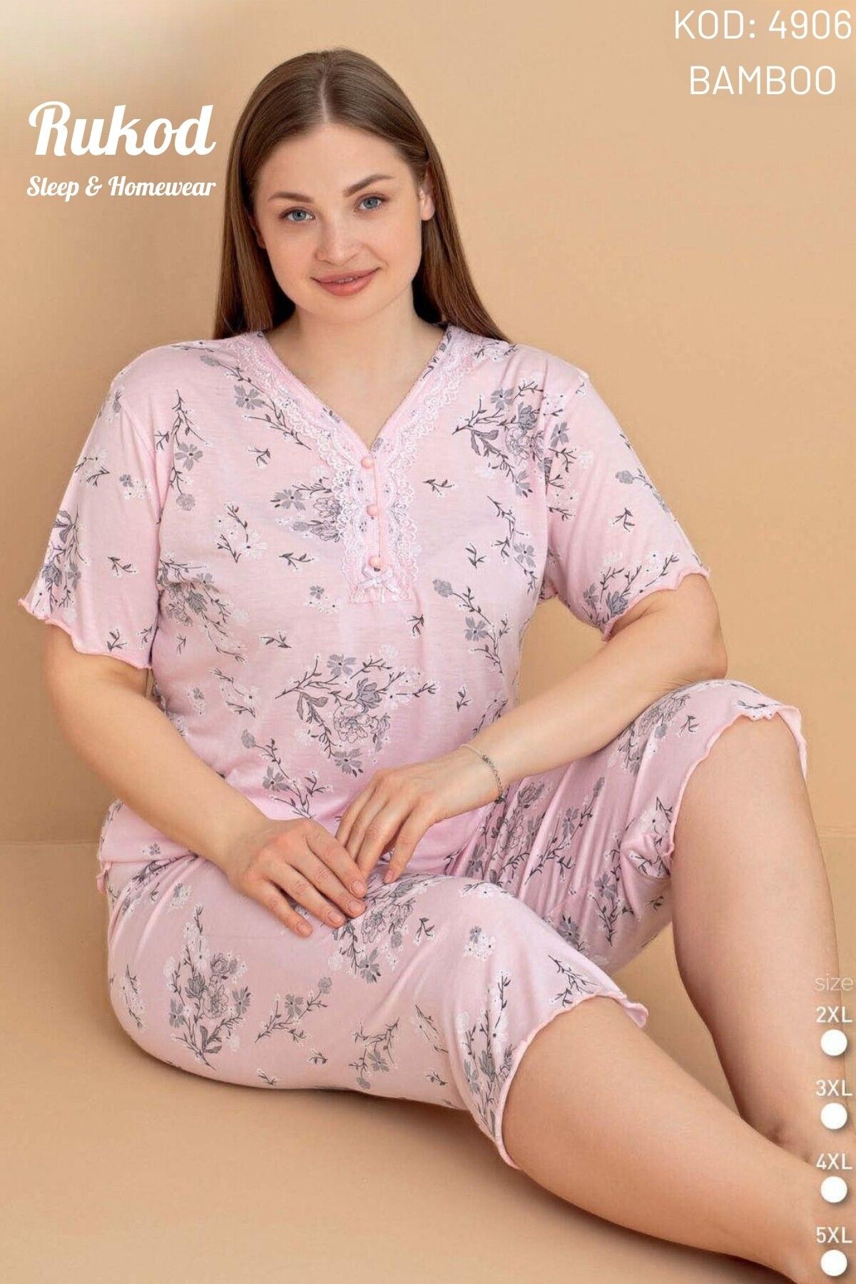 RUKOD Kadın Büyük Beden Bambu Kumaş Çiçek Desenli Pembe Kısa Kollu Kaprili Pamuklu Pijama Takımı