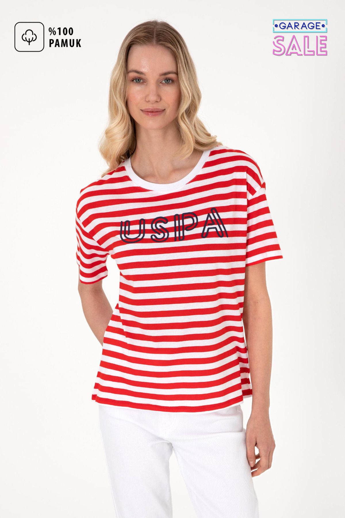 U.S. Polo Assn. Kadın Kırmızı Kalın Çizgili T-Shirt