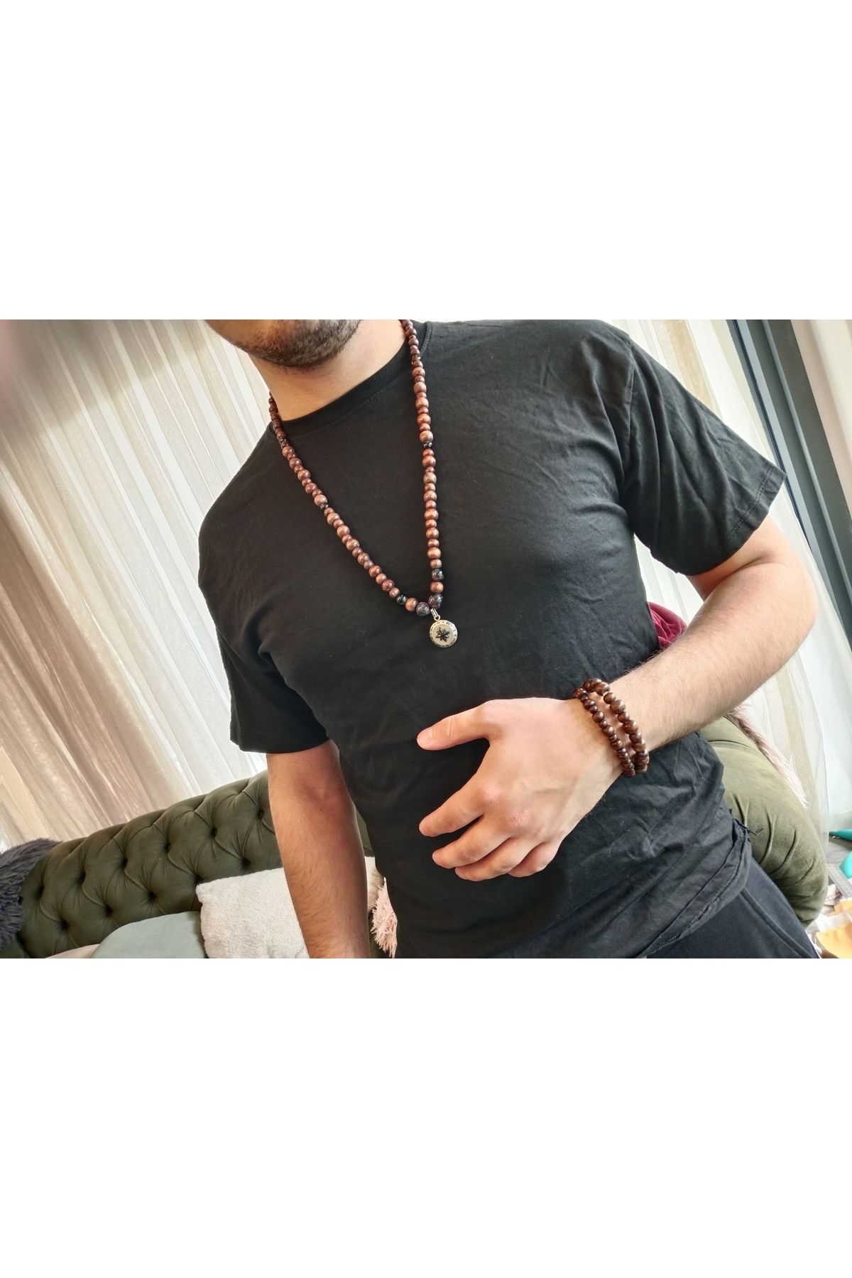 mercan 88 street shop Pusula çelik uçlu Orman ağacı ve siyah akik kolye erkek