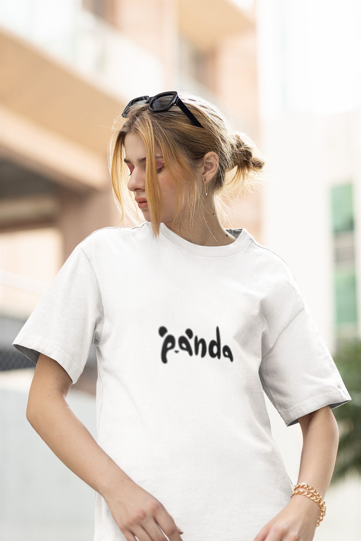 MG PANDA BASKILI KADIN BİSİKLET YAKA PAMUKLU OVERSIZE KALIP KISA KOLLU T-SHIRT