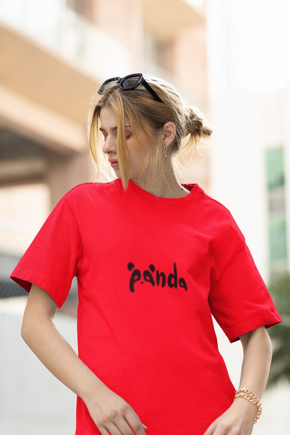 MG PANDA BASKILI KADIN BİSİKLET YAKA PAMUKLU OVERSIZE KALIP KISA KOLLU T-SHIRT