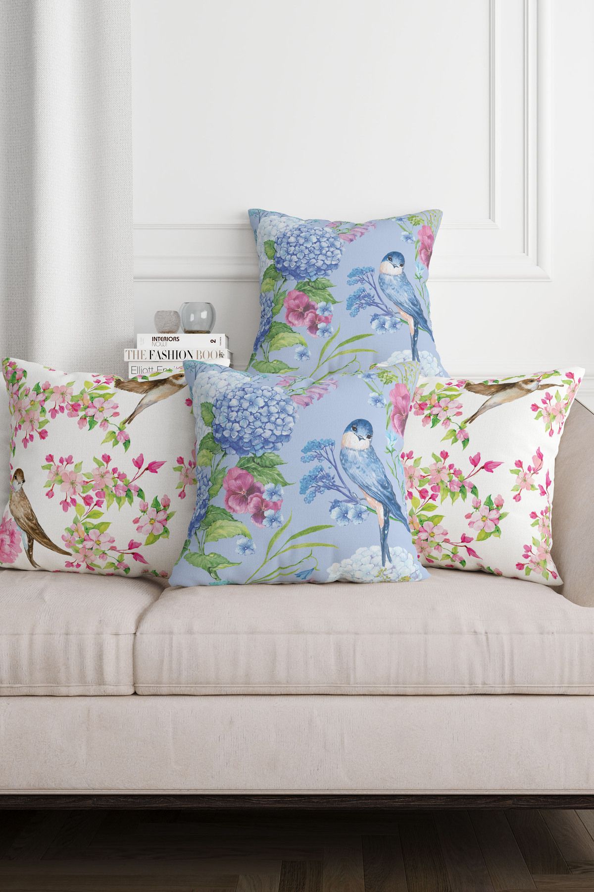 Pillow Home Pembe Beyaz Mavi Çiçek ve Kuş Desenli Dijital Baskılı Dekoratif 4lü Kırlent Kılıfı Seti