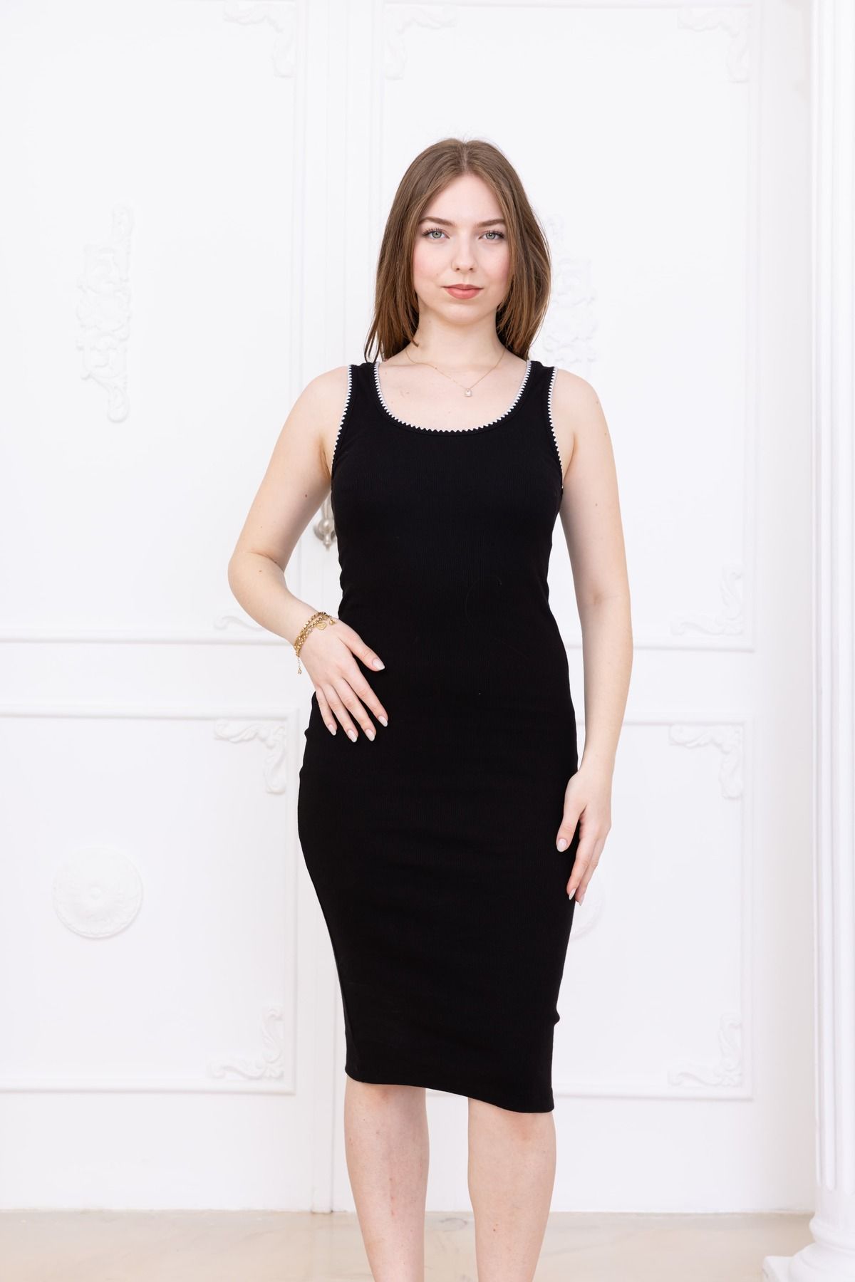 EtkiModa Kadın Siyah Nakış Biyeli Crop Elbise