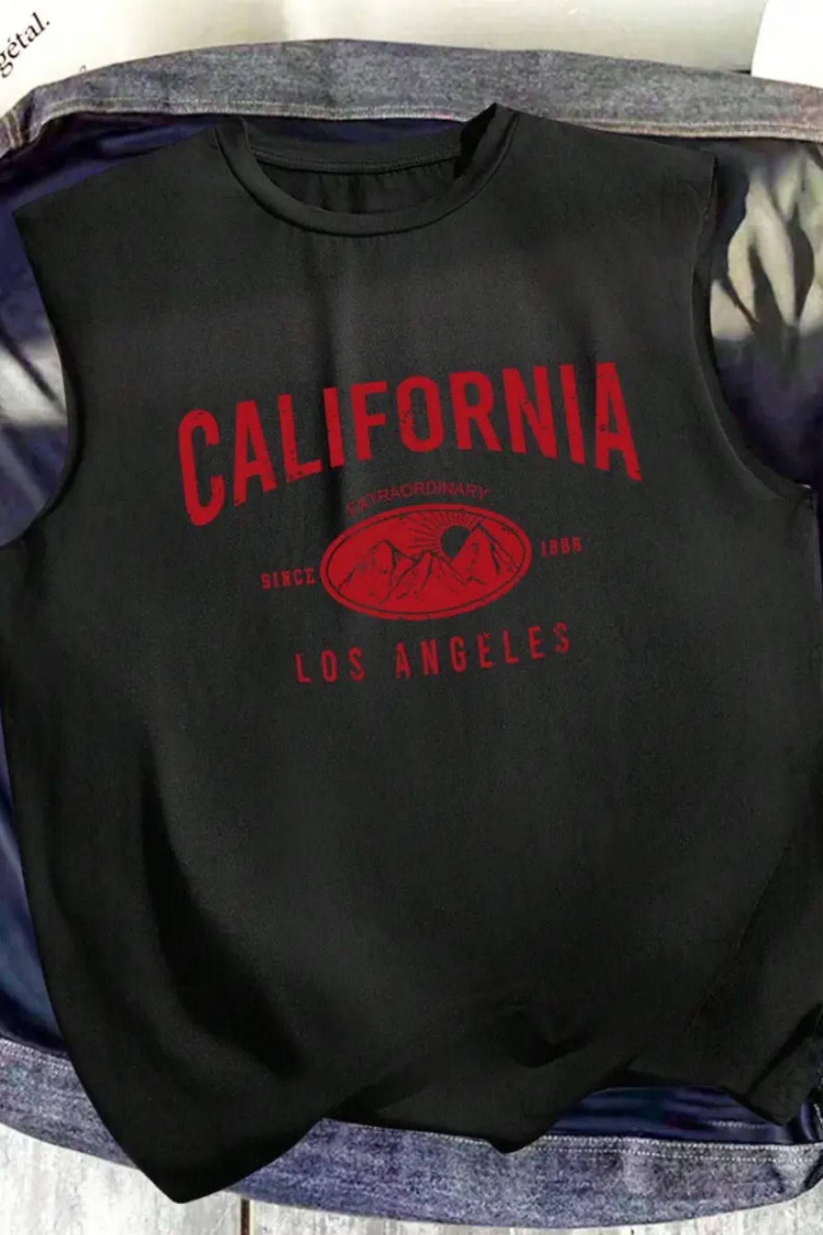 BLUE STREET California Baskılı Siyah Kolsuz Atlet tshirt Erkek Sıfır Kol Oversize T-SHİRT