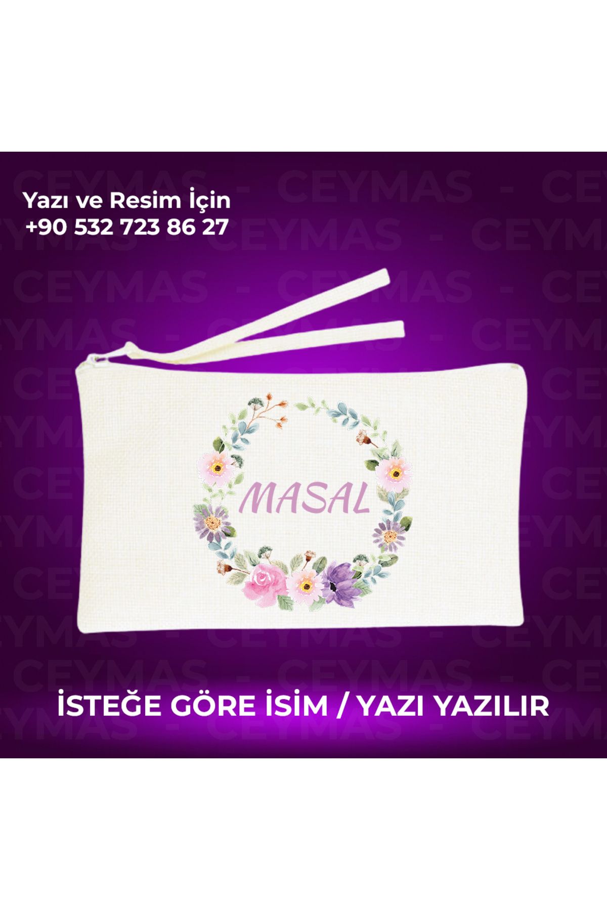 Ceymas Hediyelik İsme Özel Çiçek Desenli Keten Makyaj Çantası