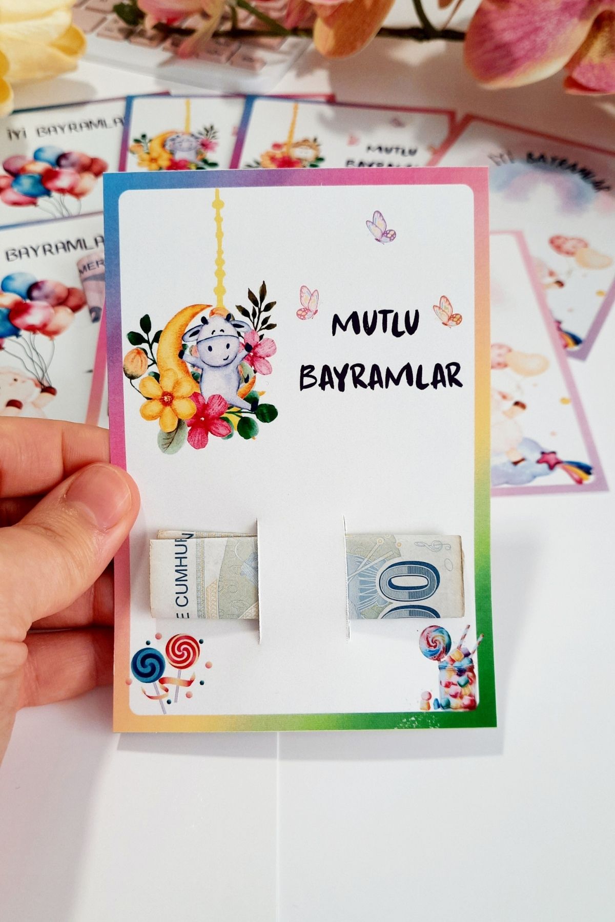Burak Baskı Tasarım 10 Adet Kurban Bayramı Harçlık Hediye Kartı Sevimli Hayvanlar Bayram Tebrik Kartı