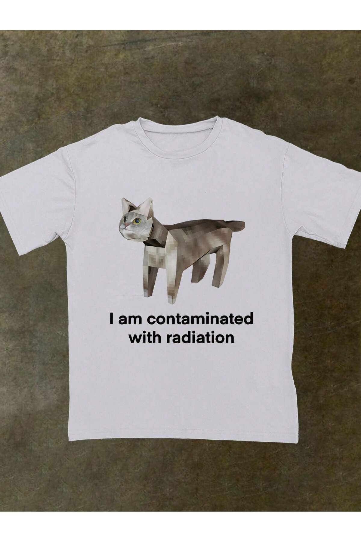 EVIus Oversize I am Contaminated with radiation Kedi Baskılı Bisiklet Yaka T-Shirt