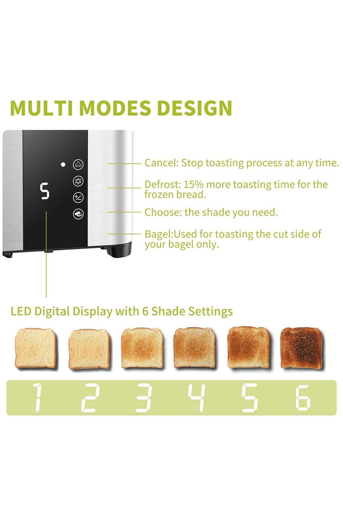 MEBASHI-2 Slice Toaster with Extra Wide Slots Slim Stainless Steel Design Defrost Reheat Temp Control 3