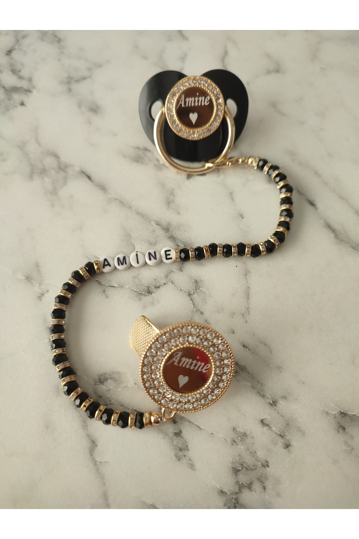 Sahi Aksesuar Isimli Siyah Taşlı Bebek Emzik Zinciri Ve Bebek Silikon Emzik Seti (0-6 AY) Bezyı1647 fotoğrafı 2 (önizleme)