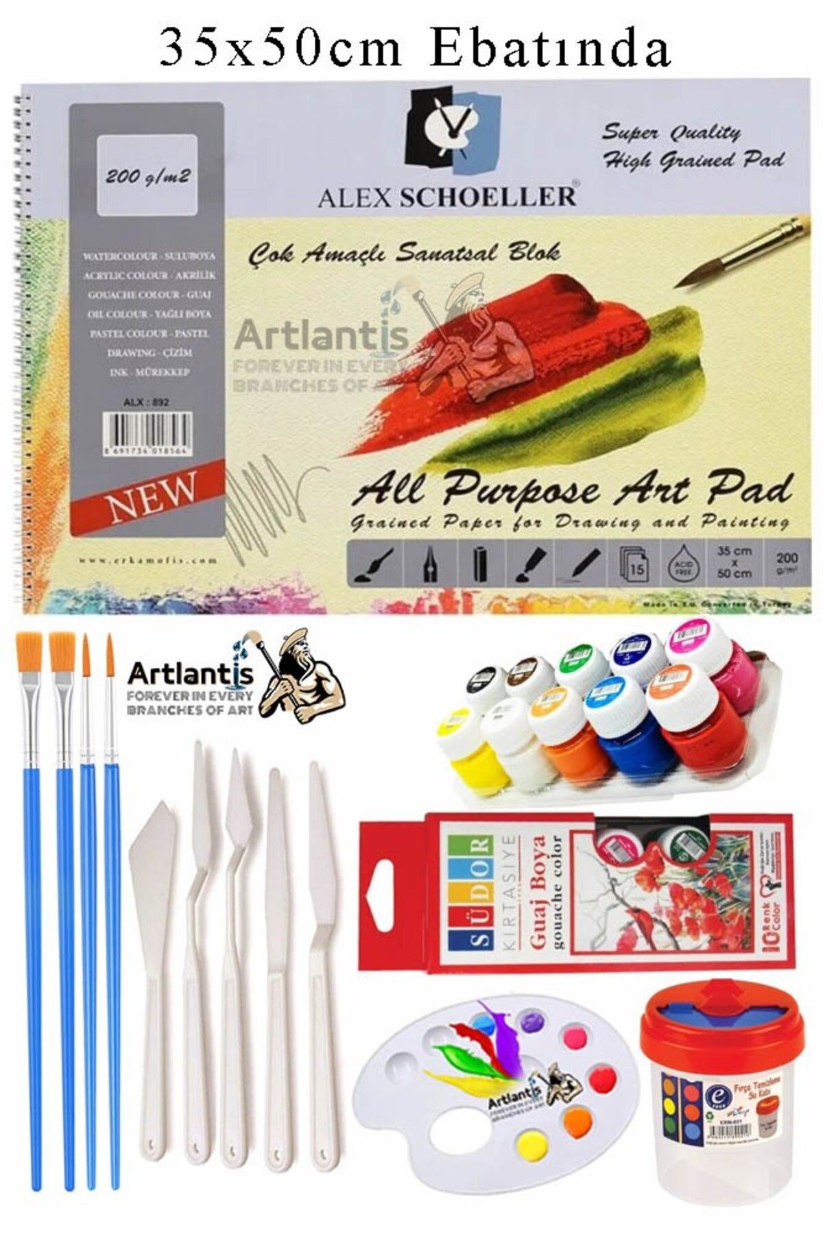Artlantis Alex Schoeller Çok Amaçlı Sanatsal Blok 35x50 200 gr 15 Yaprak Südor 12 Renk 20 ml Guaj Boya Plastik