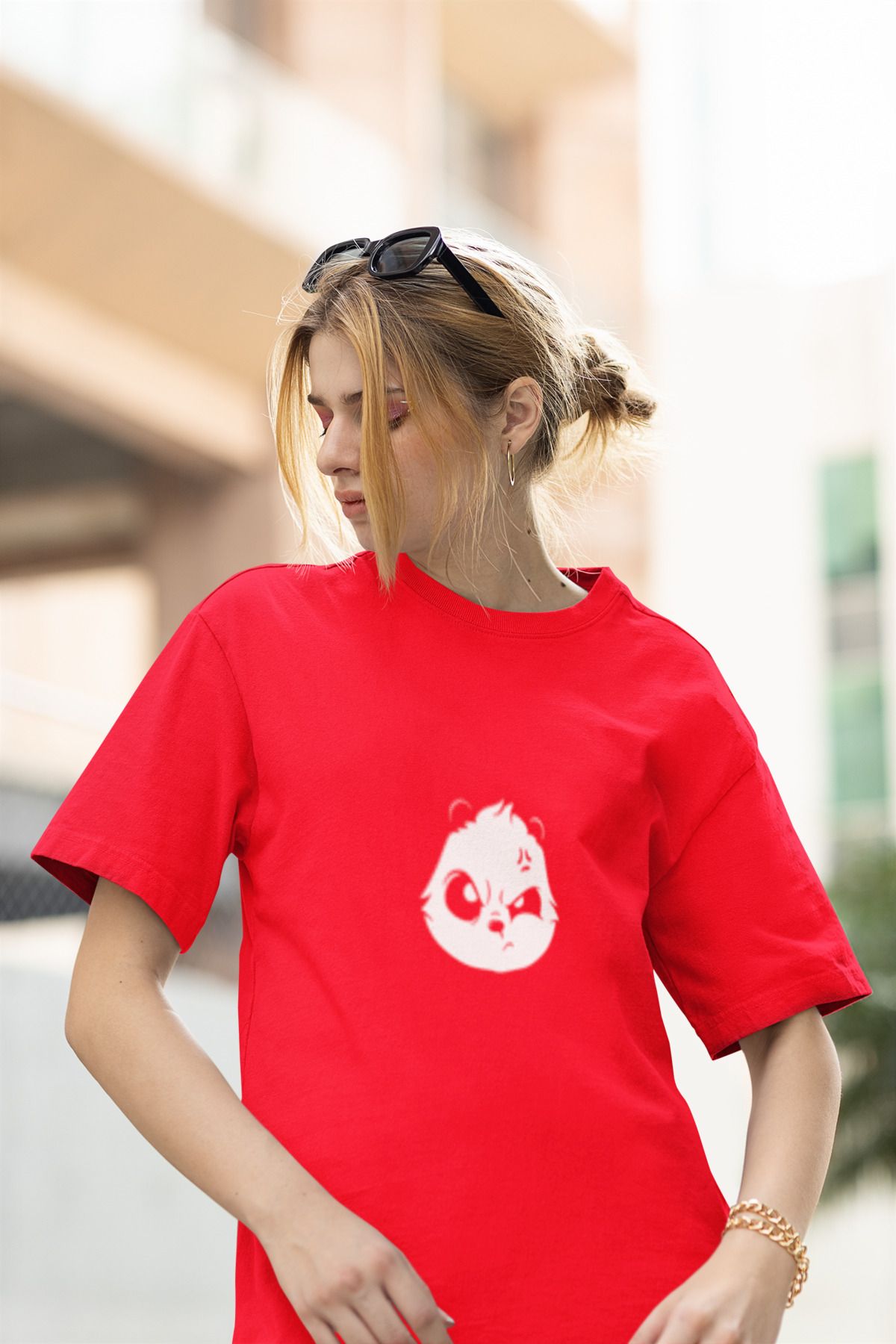 MG PANDA BASKILI KADIN BİSİKLET YAKA PAMUKLU OVERSIZE KALIP KISA KOLLU T-SHIRT
